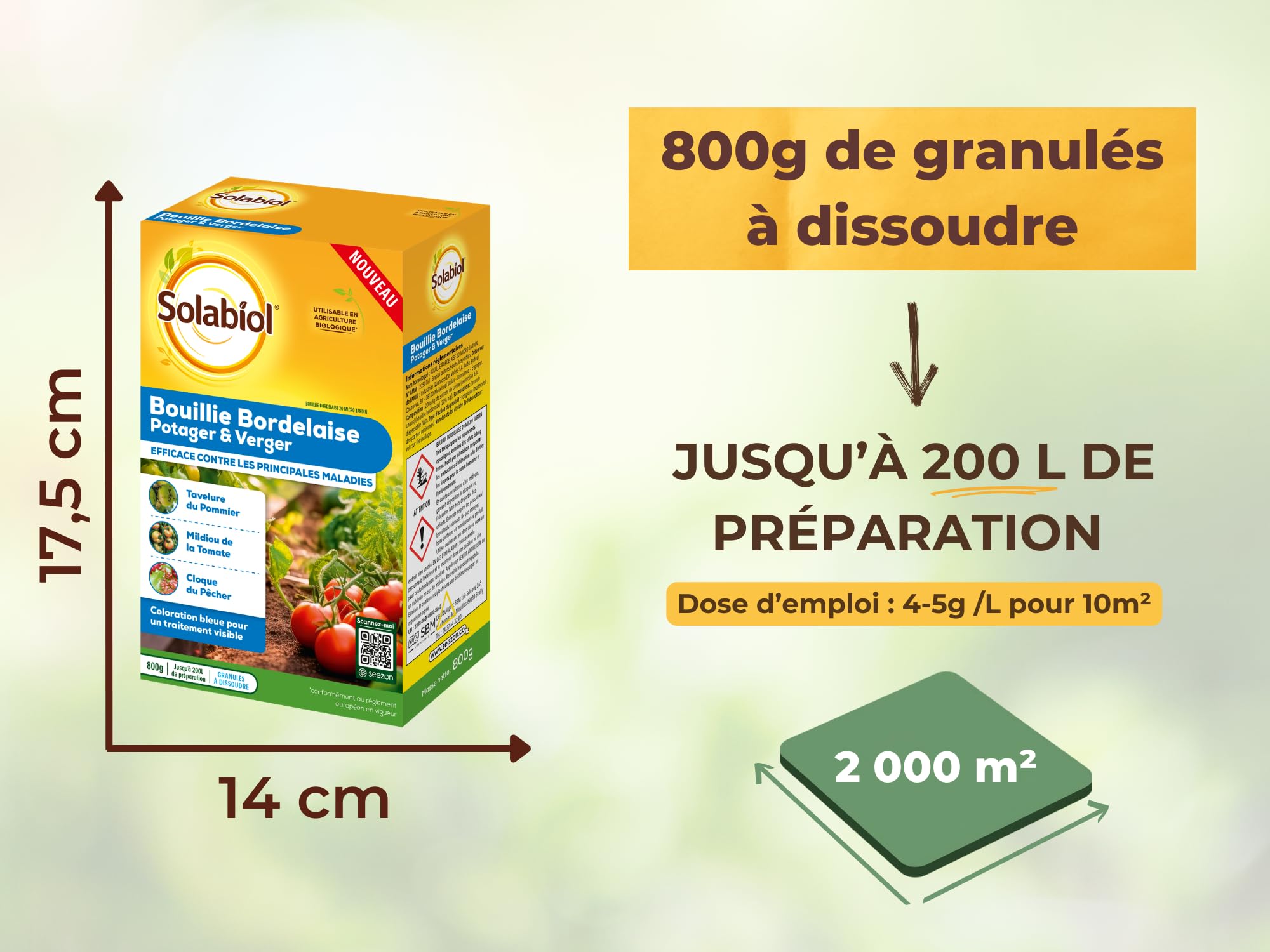 SOLABIOL Bouillie Bordelaise - Granulés - 200L de Solution - 800g | Fongicide Polyvalent - Préventif & Traditionnel - Mildiou, Tavelure, Cloque - Coloration Bleue - SOBB800