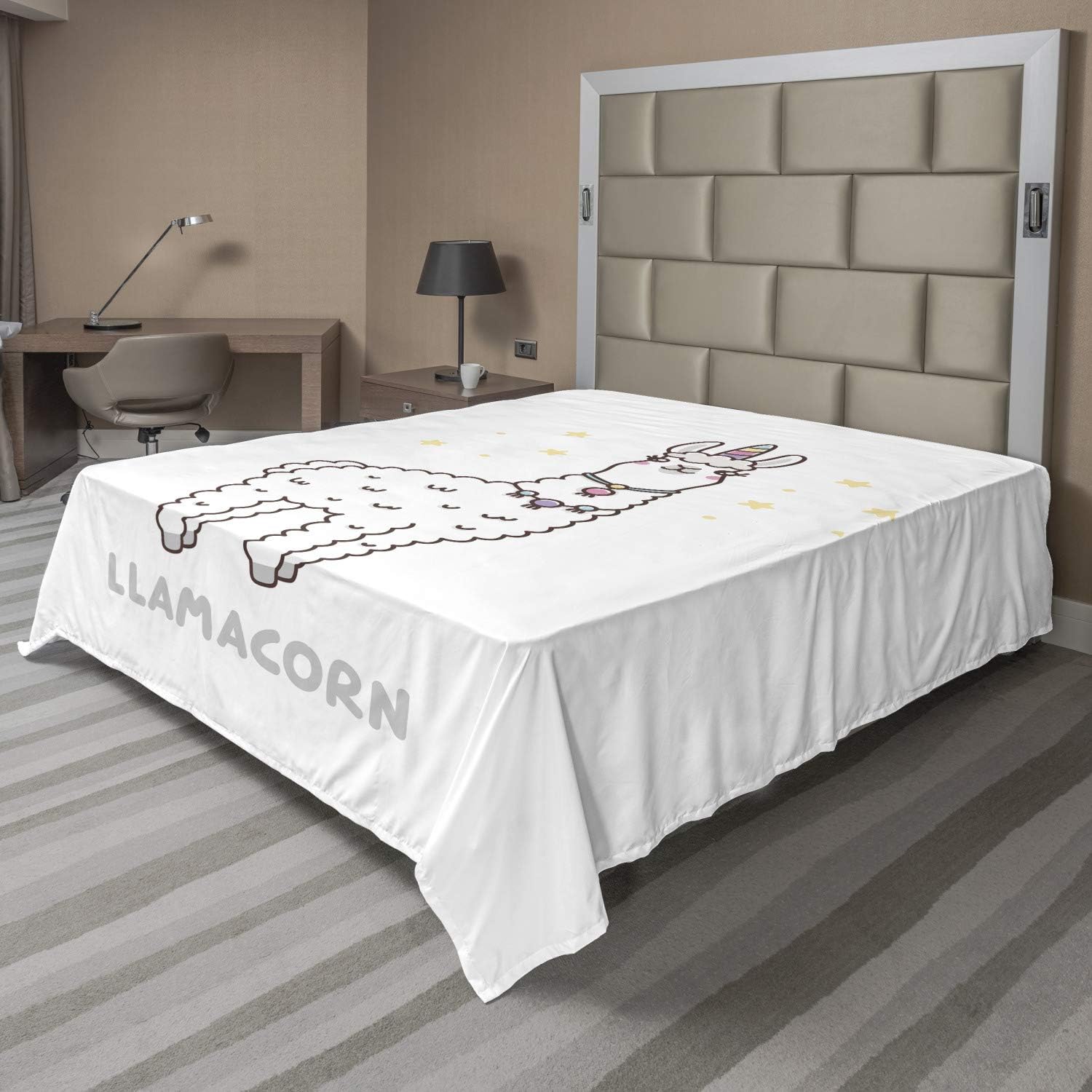 Ambesonne Llamacorn Flat Sheet, Fantasy World Creature Typographic Funny Unicorn Cartoon Style Art, Soft Comfortable Top Sheet Decorative Bedding 1 Piece, Full Size, White Multicolor