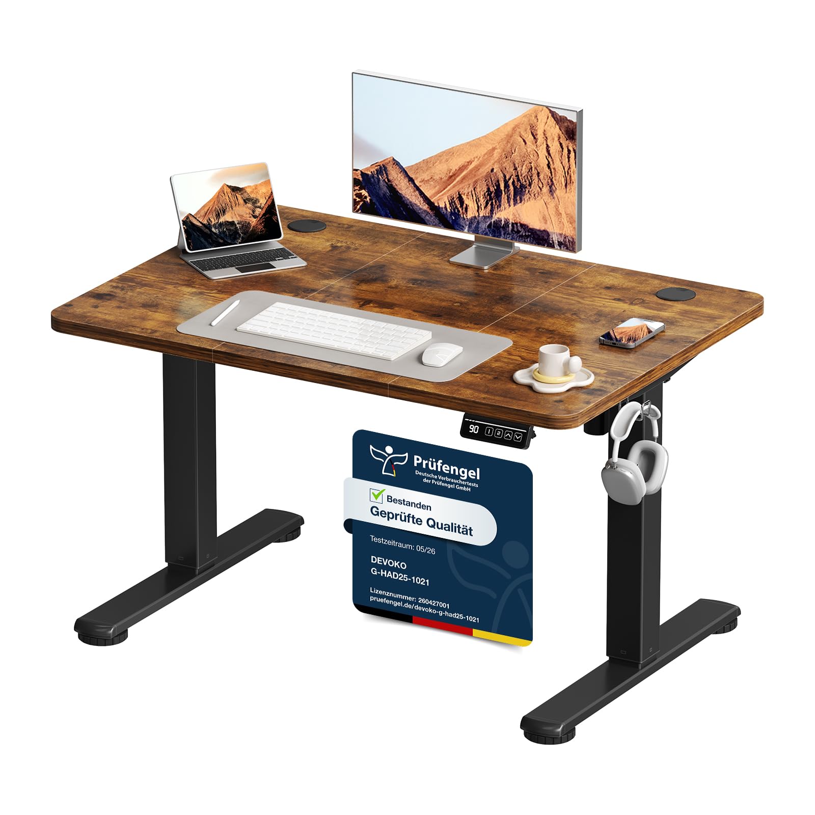 Devoko Elektrisch Höhenverstellbarer Schreibtisch 100 x 60cm, Stabiler Schreibtisch Höhenverstellbar Tisch, Steh-Sitz Bürotisch, Computertisch mit Memory-Funktion, Stehpult, Standing Desk, Braun