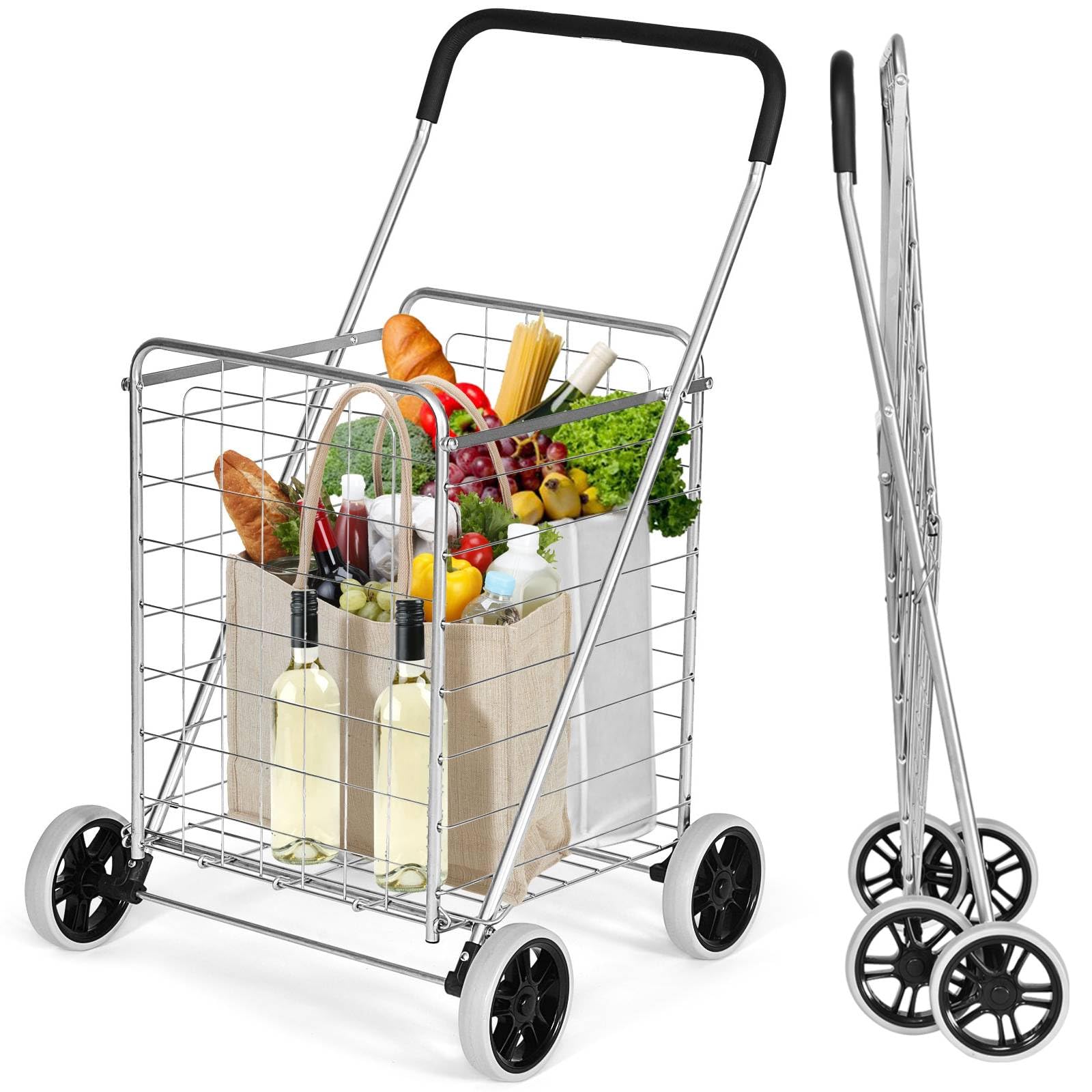 HTTGDGDH Portable 83L Folding Shopping Cart On Wheels - Lightweight Metal Utility Trolley With Foam Handle For Groceries Luggage & Supermarket Use,