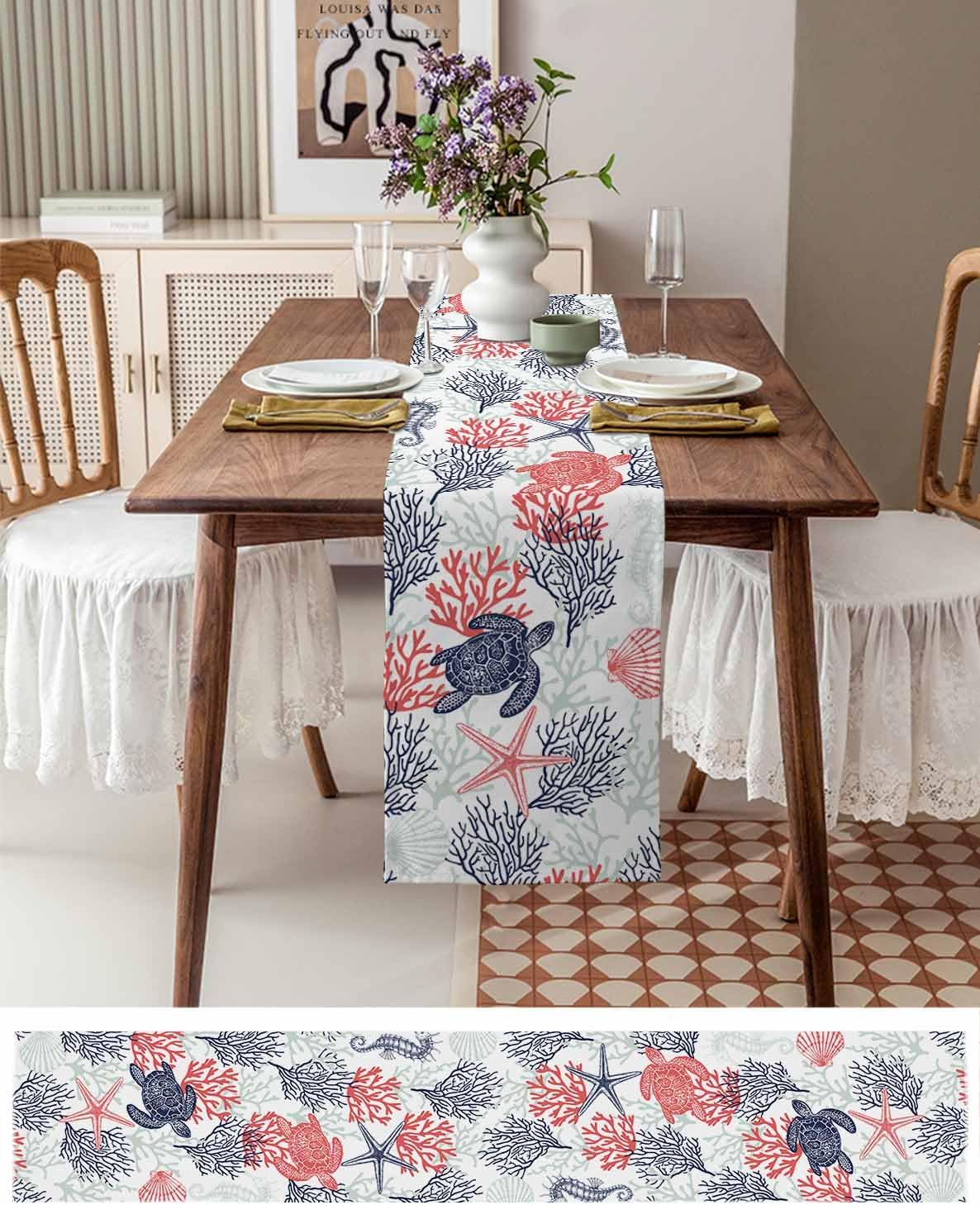 Seven Roses Blue Red Coastal Table Runner 120 Inches Long Farmhouse Dress Scarves, Sea Turtle Nautical Coral Summer Beach Dining Tablerunner for Coffee Table/Kitchen Island/Party Décor, 13"" x 120""