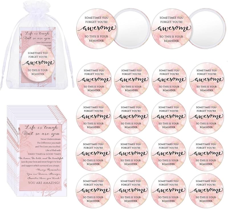 Cinnvoice Kit com 25 Espelhos Compactos Redondos Rosa, Cartões e Sacos de Organza