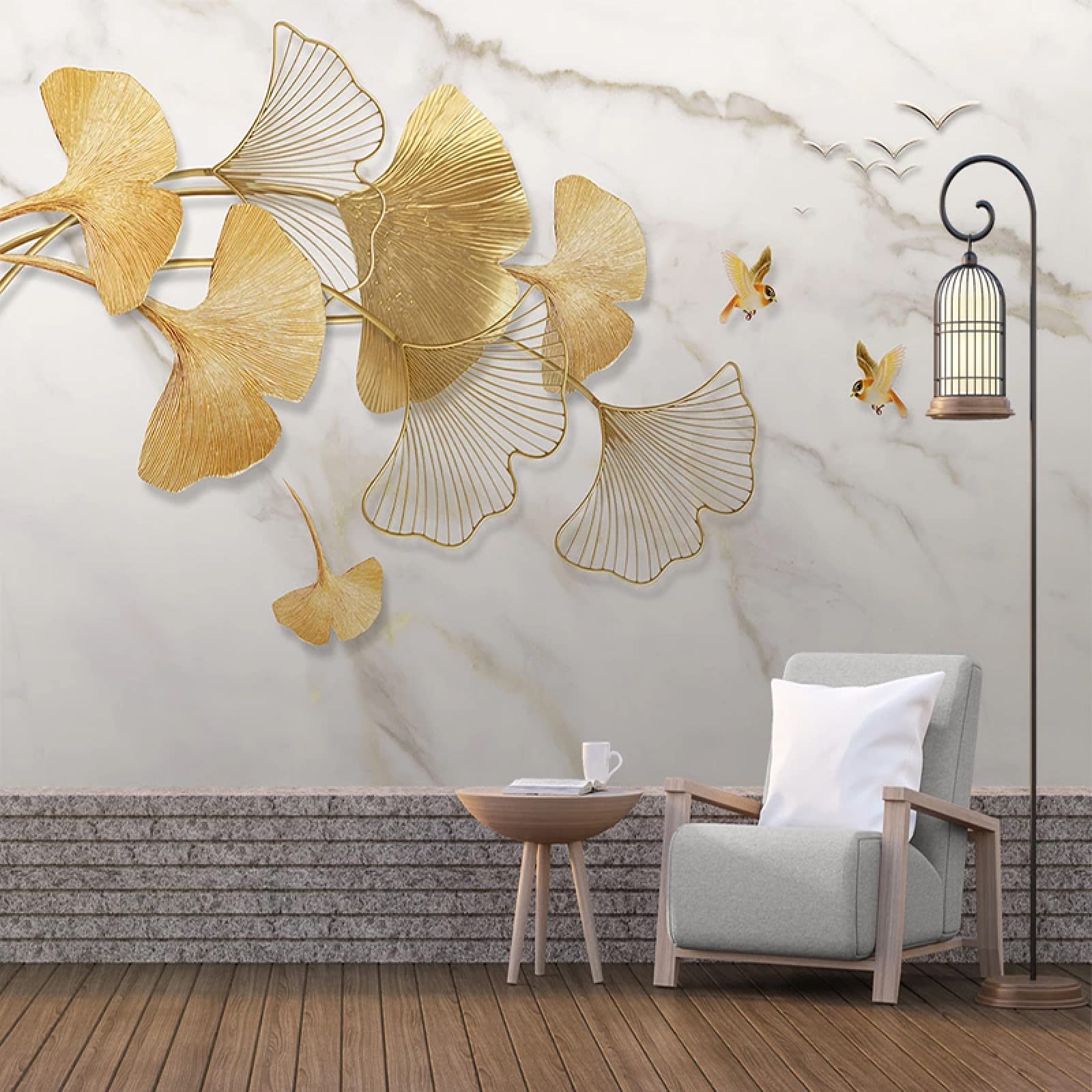 Papier peint panoramique feuille de ginkgo or effet marbre chic 250x175cm