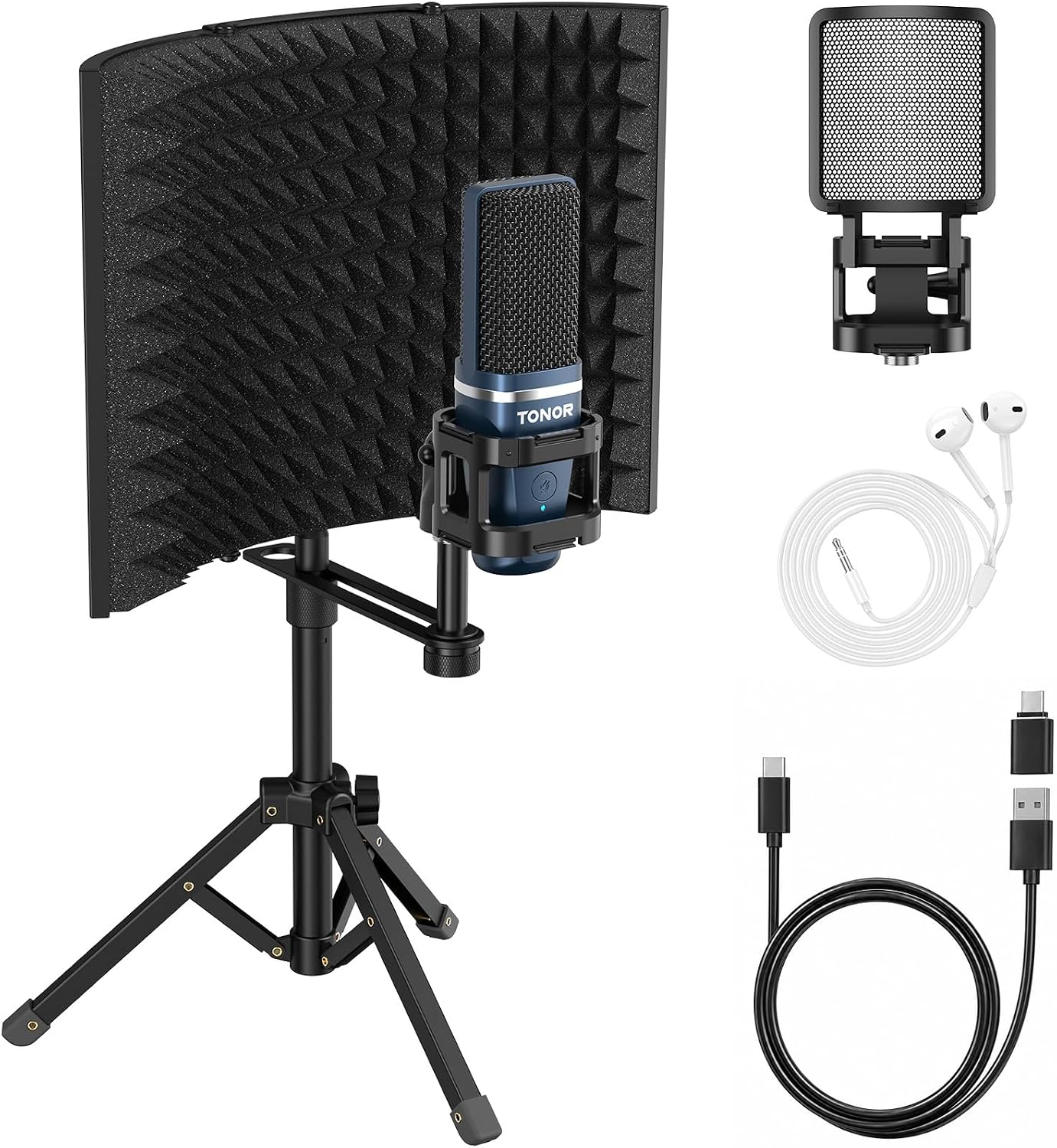 TONOR Studio Recording Microphone with Isolation Shield Set, Acoustic Foam Shield Bundle with Pop Filter & Tripod Stand & Earphone for PC, Laptop, Smartphone, Condenser PC Mic for Podcast, Home Studio