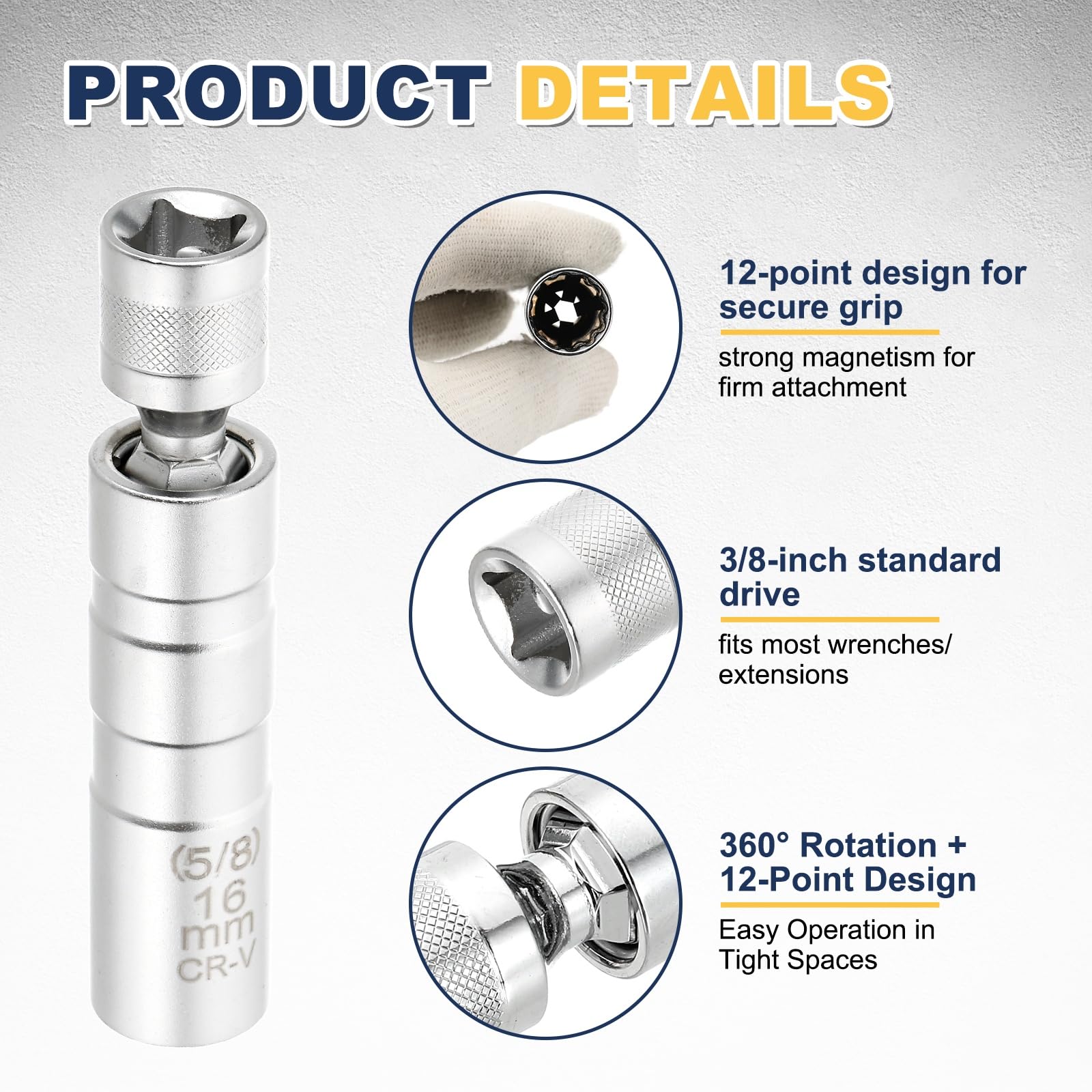 QUARKZMAN 7 Pezzi Set Presa Candele 3/8" Drive 4/16/18/21mm 9/16" 3/4" 13/16" Snodo Magnetico 12 Punti Parete Sottile Presa Candele con Snodo A 360 Gradi CR-V Acciaio, Argento