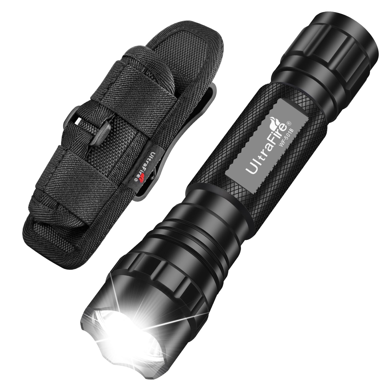 Ultrafire Matte Black Tactical Torch With Holster Pouch, 1000 Lumen Single Mode Led Torch With Flashlight Carry Case For Duty Belt, Super Bright Small Portable Flash Light Wf-501B