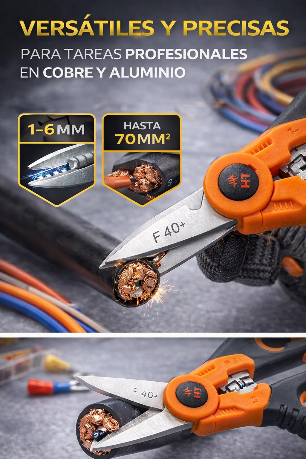 H&T Tijeras Profesionales de Electricista F40 – Crimpadora 1–6 mm – Cortacables hasta 70 mm – Acero Reforzado - Acero Inoxidable Reforzado - RASMACOR