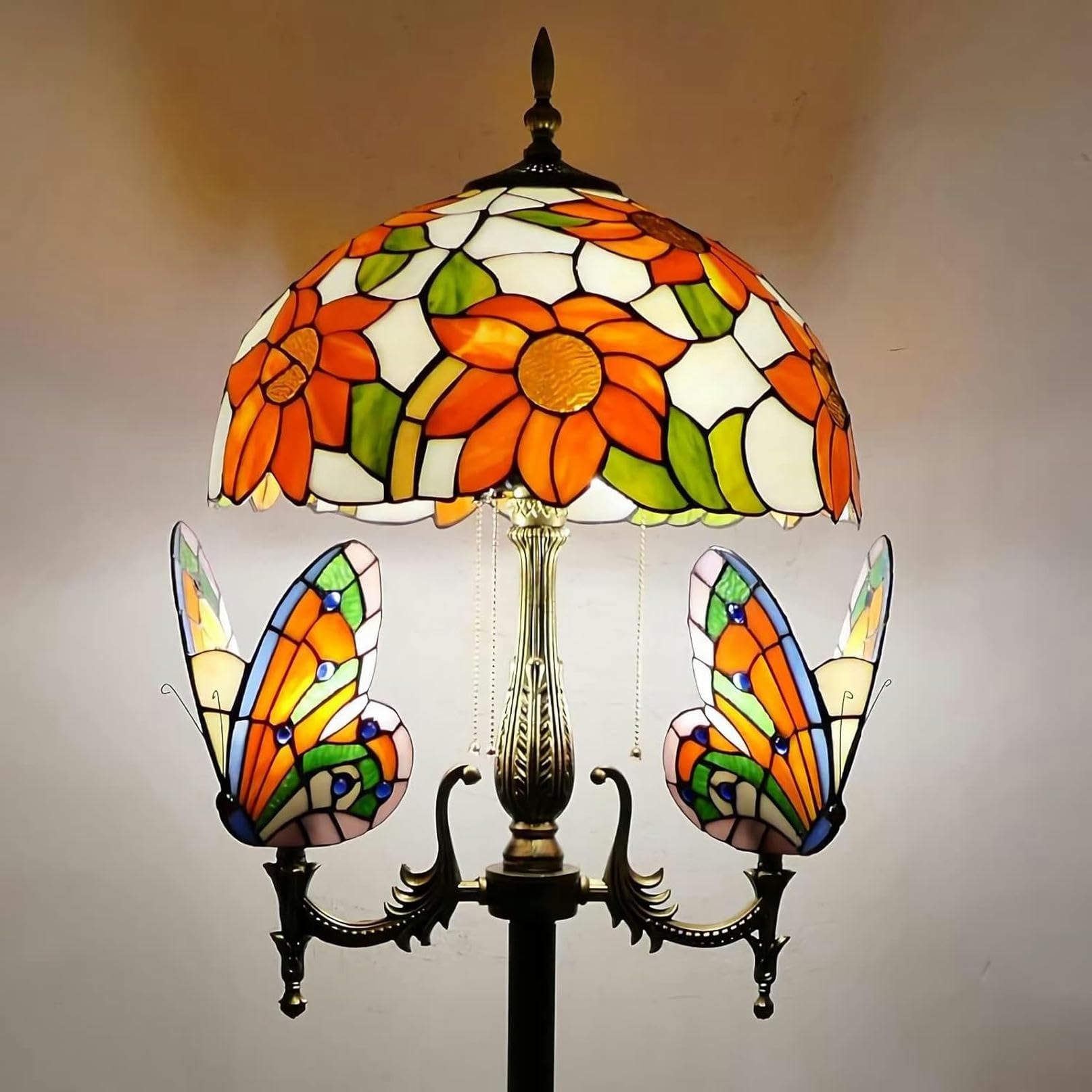 IUokLU Tiffany-style Floor Lamp, Stained Glass StandLamp with tterfly Night Light, 65" Tall,Vintage Resin Base ReadLight for Bedroom Office (G)