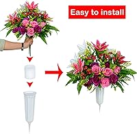 Vista 3 de XONOR Flores artificiales de cementerio con jarrón juego de 2 ramos de rosas artificiales de lirio para decoración de lápidas de cementerio