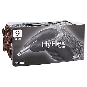 Ansell 11-801-9 HyFlex Foam Gray Gloves, Size 9, Black/Gray Pack of 12