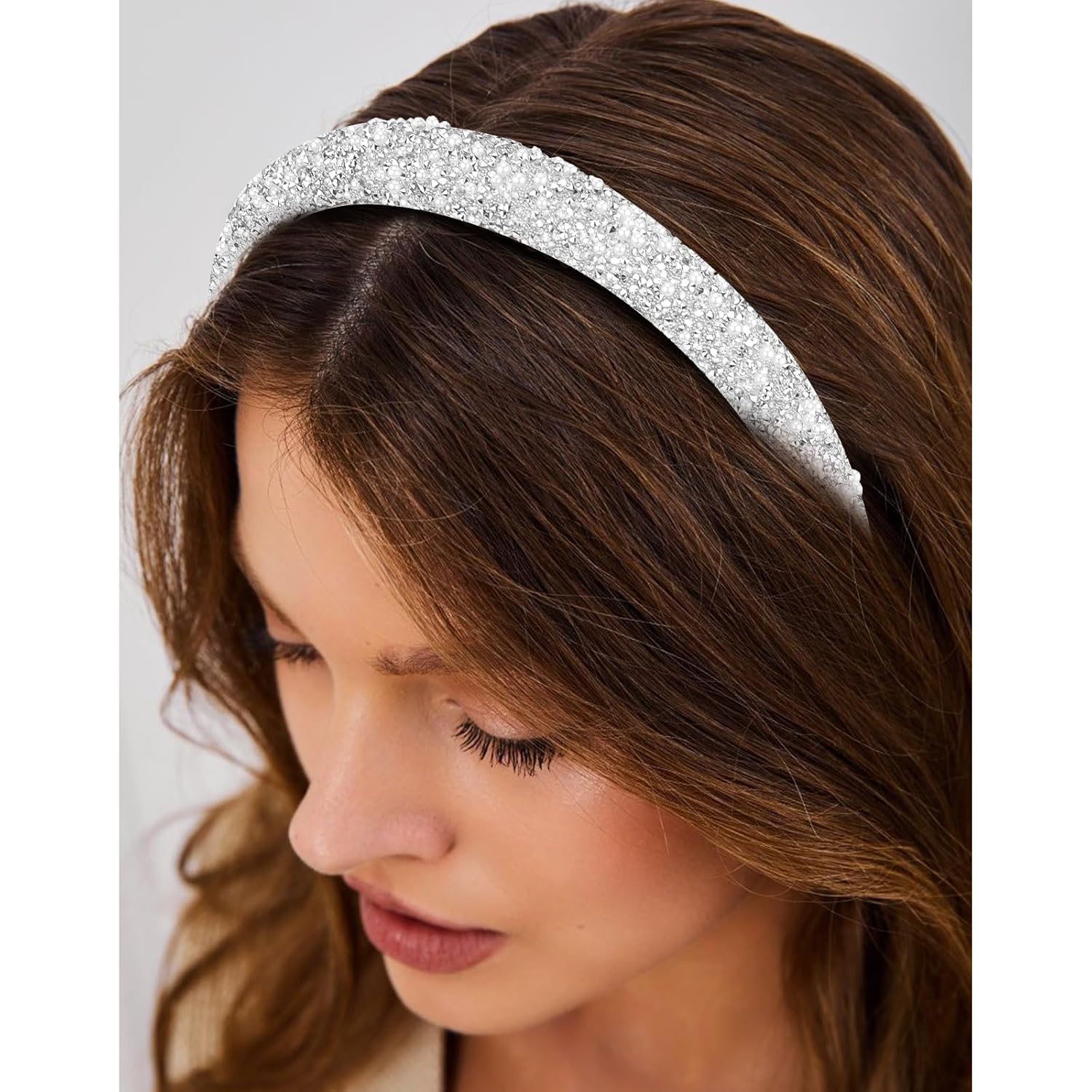 Rhinestone Padded Crystal Headband - Women's Glitter Bling Pearls Jeweled Hair Accessory For Prom (White) - Image 6