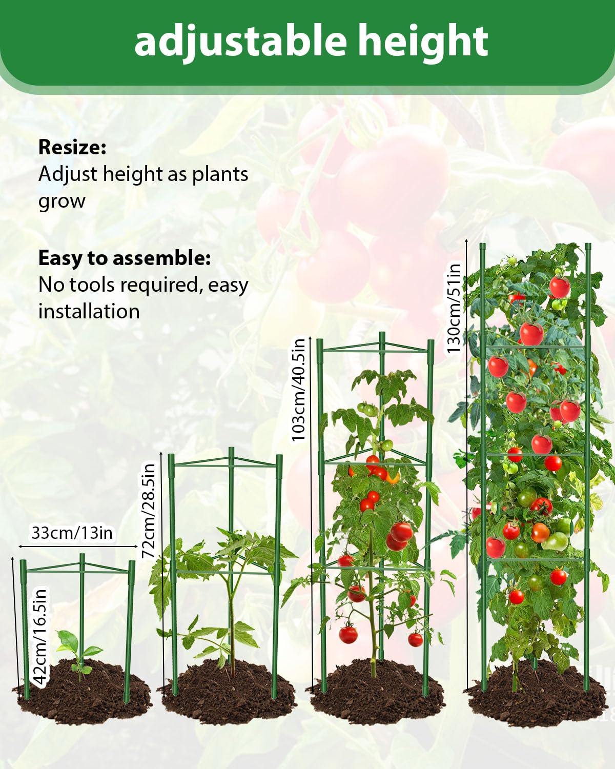 MYMULIKE 3Pack Tomato Support, 51 Inch Large Tomato Cages for Garden Trellis Vertical Climbing Plants Support, Tomato Stand - Image 2