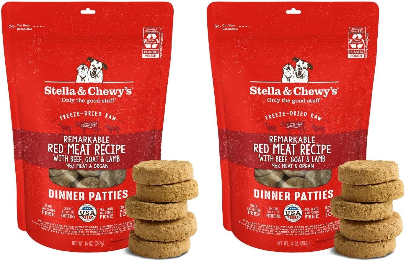 Stella &amp; Chewy's Freeze-Dried Raw Dinner Patties - Remarkable Red Meat Blend - High Protein Grain-Free Puppy &amp; Dog Food - Perfect for Picky Eaters - 14 oz, (Pack of 2)