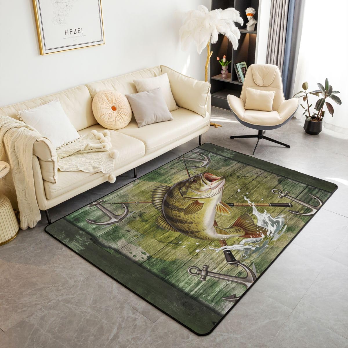 Homewish Dywaniki z motywem szczupaka 100 x 150 cm do sypialni salonu - motyw wędkarski nowoczesny dywan podłogowy kabina domek myśliwski duże dywany zielona drewniana deska nie gubi włosia dywan