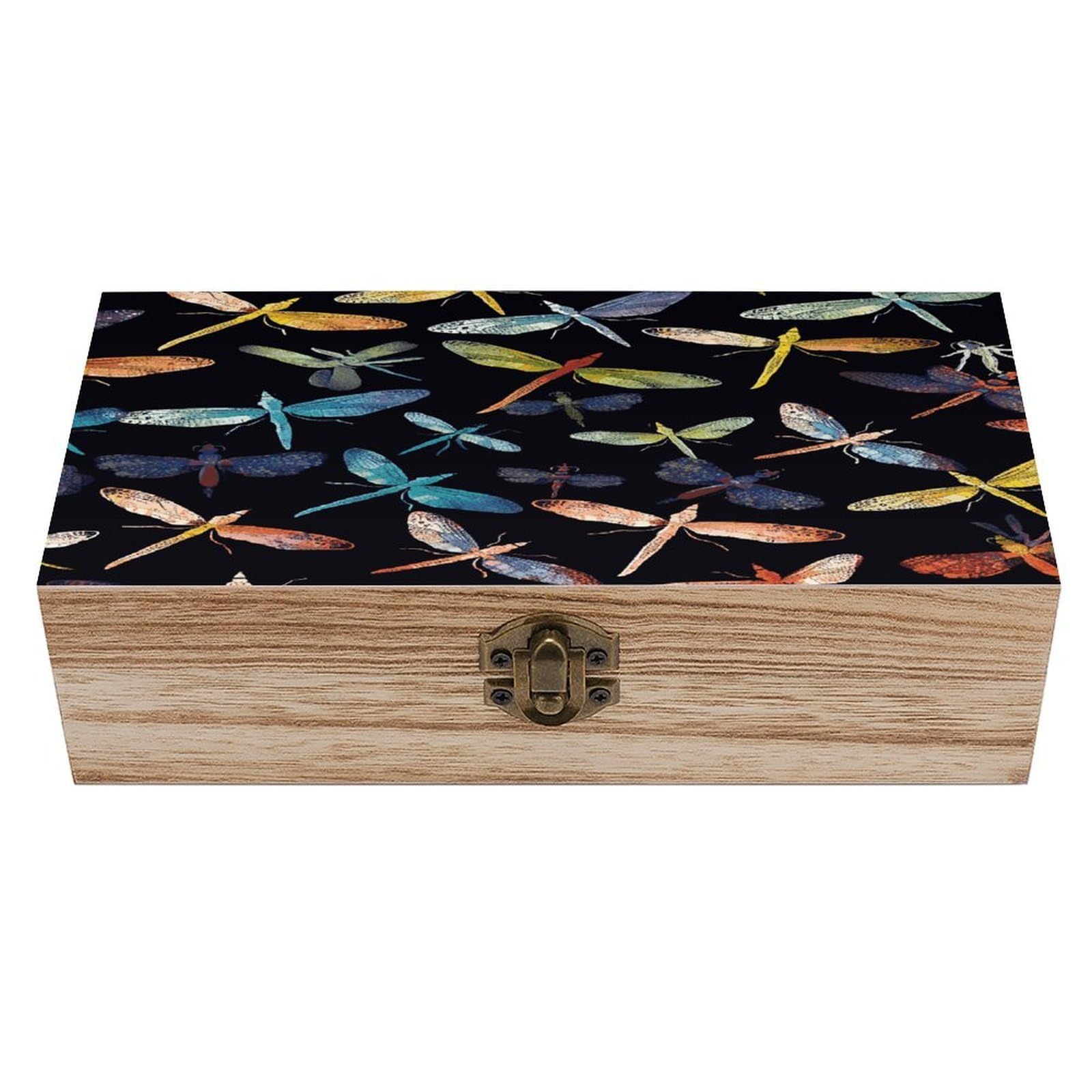 JTREHY Colorful Dragonfly Wooden Keepsake Box Vintage-Style Wood Keepsake Case with Hinged Lid Solid Wood Boxes Beautifully Memory Treasure Case Vintage-Style Wooden Storage Box