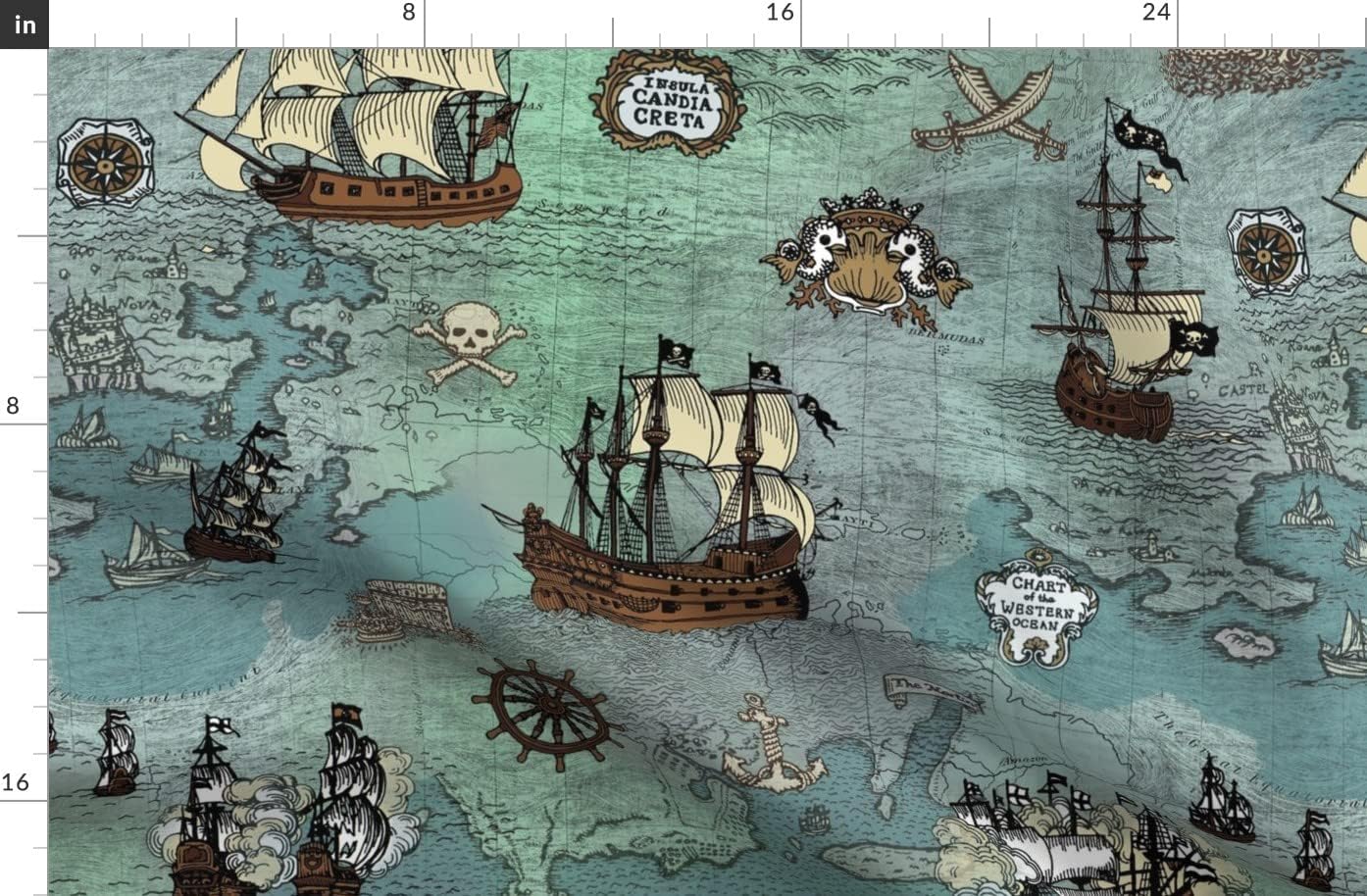 Spoonflower Fabric - Pirate, Map, Ships, Blue, Big, Ocean, Anchor, Sailor, Nautical, Sea Printed on Organic Cotton Sateen Fabric by The Yard - Sewing Quilting Apparel Home Decor