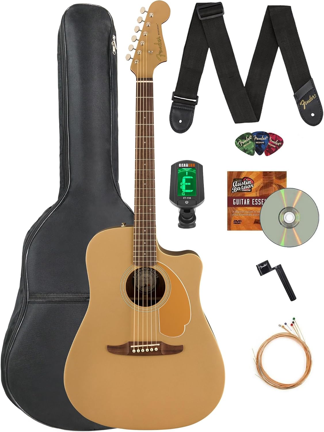 Fender Redondo Player Acoustic Electric Guitar Bundle with Midnight Blue Gig Bag, Strap, Clip-on Tuner, Strings, String Winder, Picks, and Austin Bazaar Instructional DVD - Natural