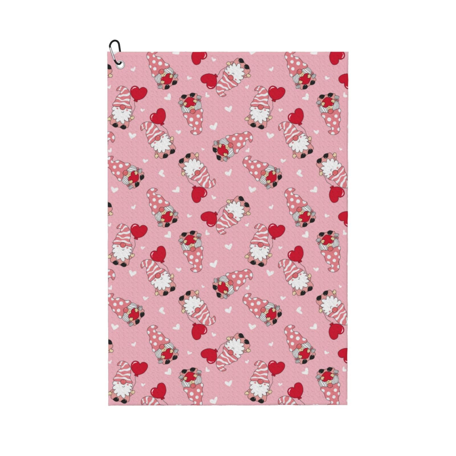 AOOEDM Gnome with Heart Print Golf Towel with Carabiner Clip Absorbent Microfiber Golf Towel for Cleaning Golf Ball Club Putter Iron for Golf Bag Trolly Belt Loop 16" X 24"