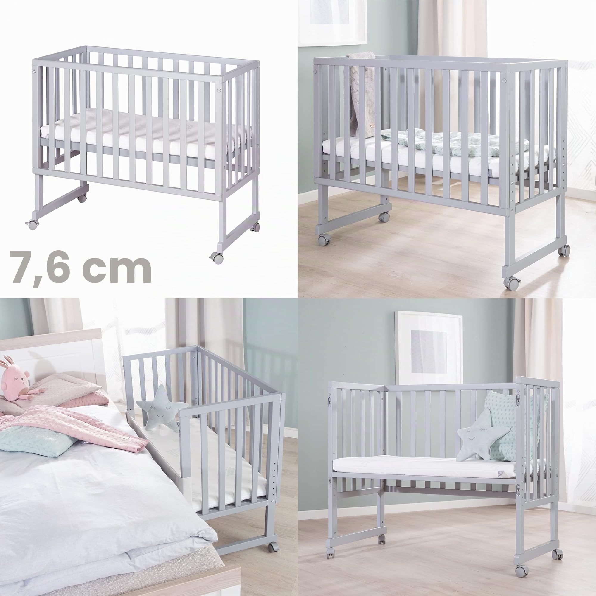 roba Lettino Co-sleeping safe asleep 3 in 1, 45 x 90 cm, Altezza Regolabile, Set Completto con Culla, Inserto, Barriera in Tessuto e Ruote con Freni, Legno Laccato Bianco