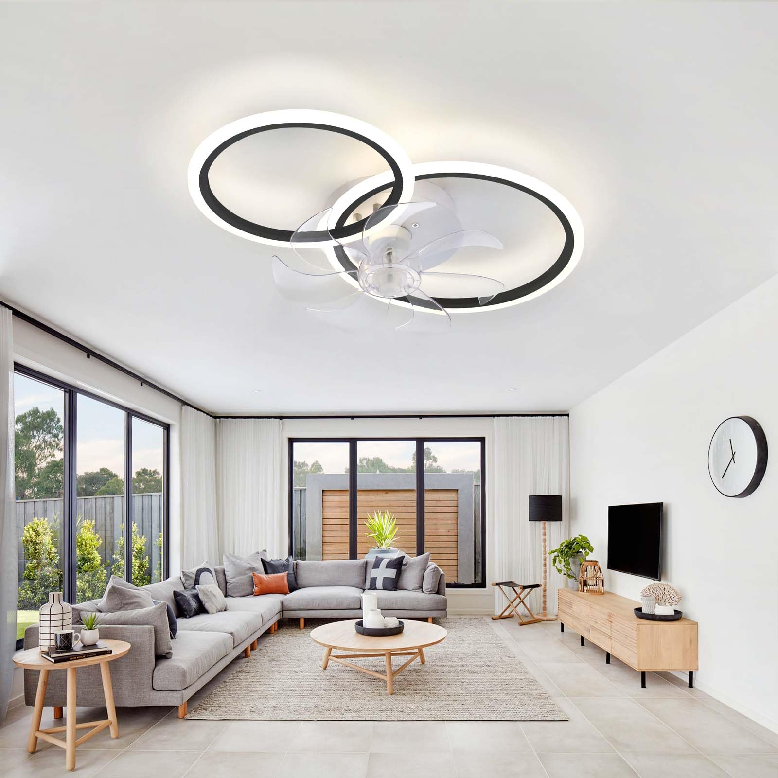 SXDMOUBK Ceiling Fan Light, Winter/Summer Reversible Fan Light LED Dimmable, Small Ceiling Fan with Light, 6 Speed Silent with Timer, DC, 2 Circles-Black