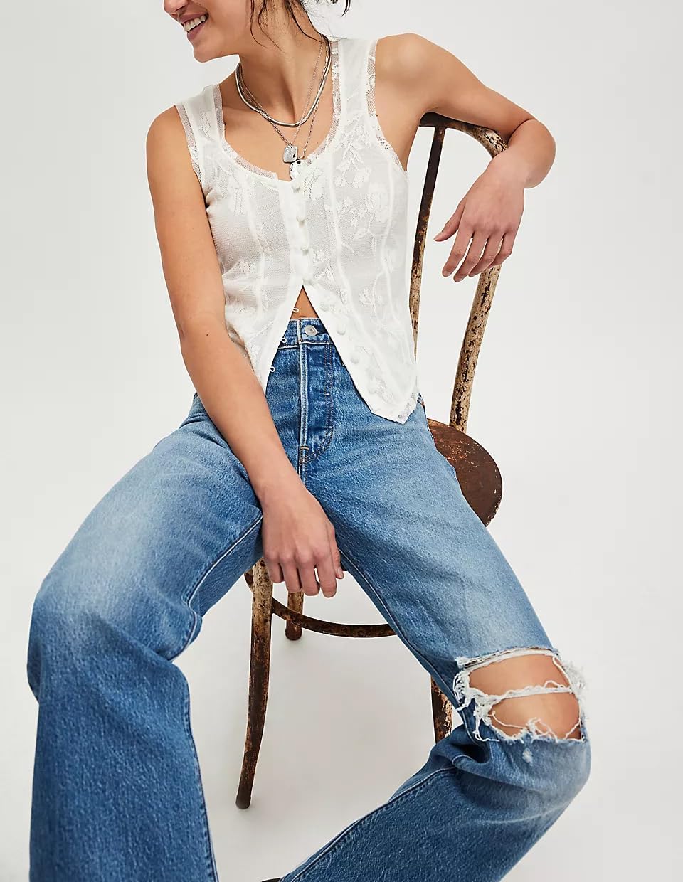 Lace Trim Tie Front Tank Tops for Women Cute Beach Sheer Ruffle Flowy Crop Blouse Boho Button Up Eyelet Cami Shirts - Image 4