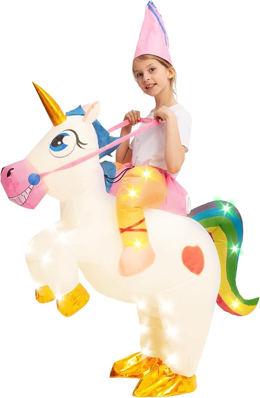 Spooktacular Creations Kids Halloween Inflatable Light-up Costumes, Riding a Unicorn Blow Up Halloween Deluxe Set with Hat