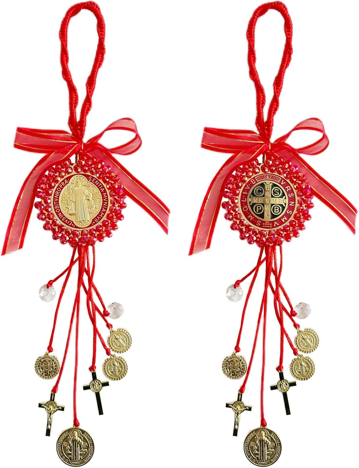 Escapularios Catolicos,2PCS Golden Saint Benedict Medal Protection Blessing Charm, St Benedict Crucifix, Catholic Handmade Jewelry Gift Car Hanging Home Decor (2Red Saint Benedict)
