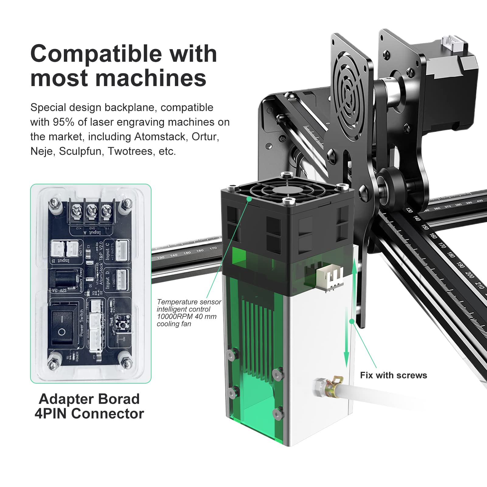 Twotrees 10W Lasermodul für Lasergravur, Hochpräziser Fixfokus Laserkopf mit Schutzhaube & Luftführung, 1200°C Sintertemperatur für CNC Holzschneiden & Metallgravur, Kompatibel mit S9/A5 Pro