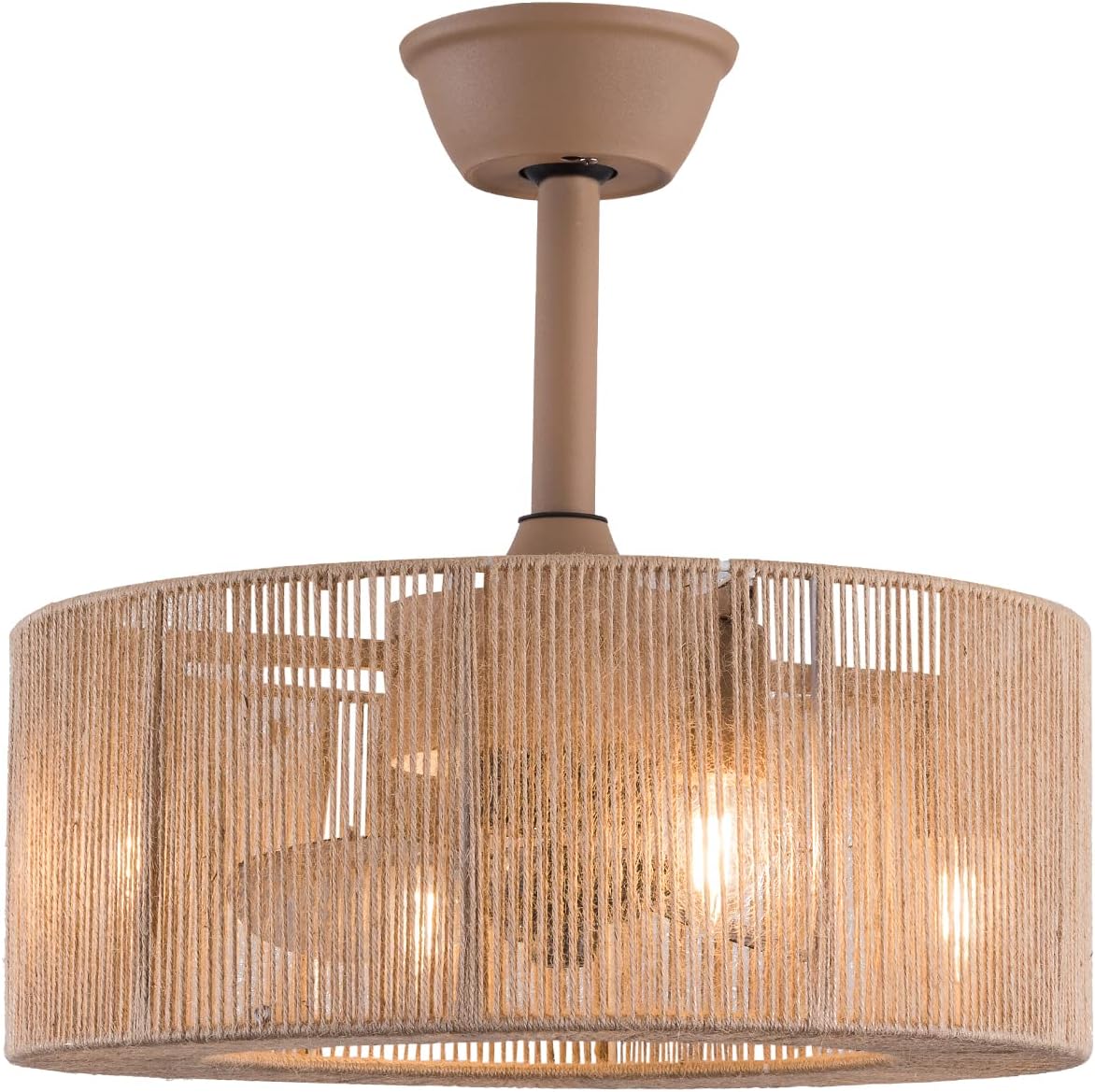 Industrial Caged Ceiling Fan with Lights Remote Control 18'' Farmhouse Ceiling Fan with Light Indoor Modern Enclosed Bladeless Ceiling Fan Lighting for Kitchen Living Room Dining Room, Wood Color