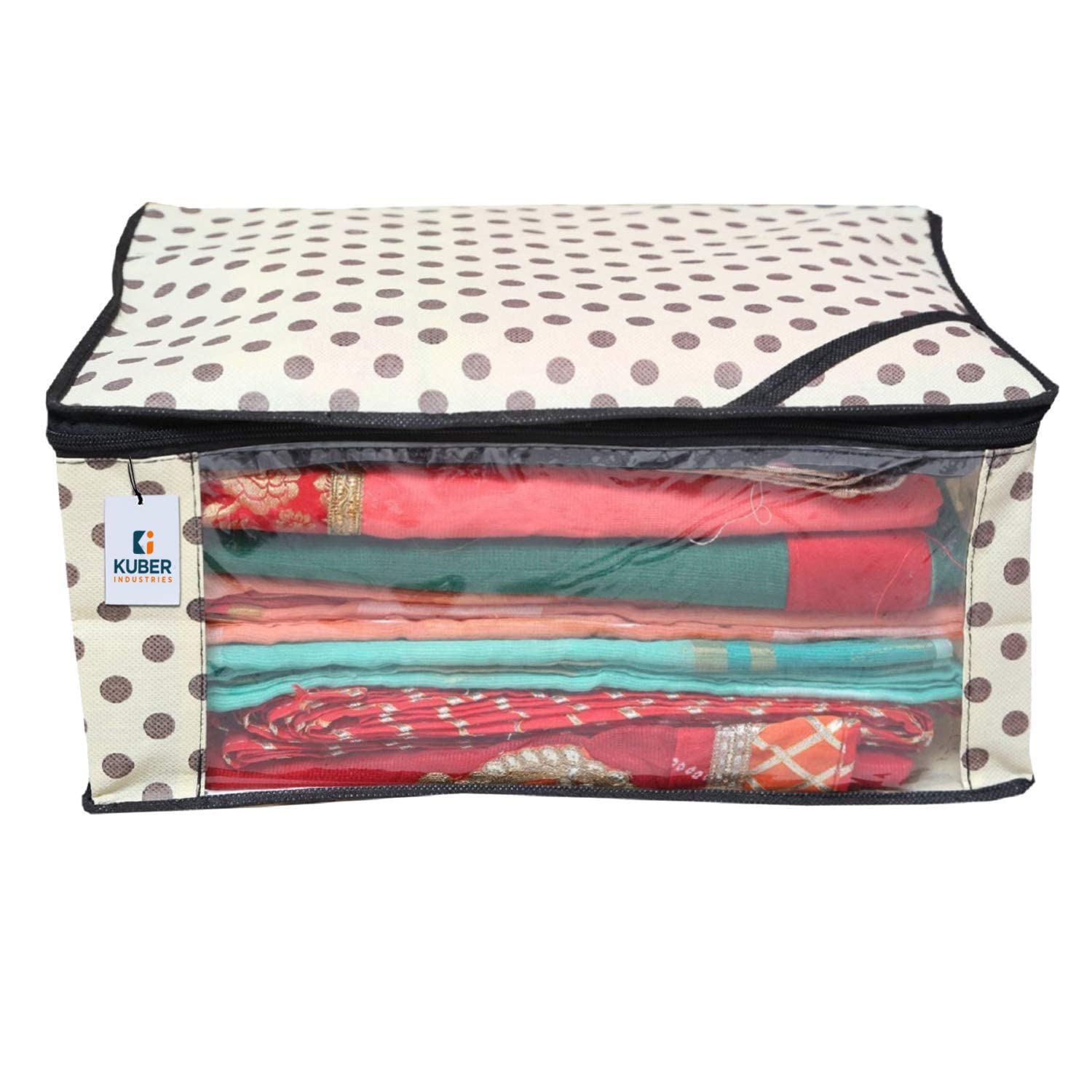 Kuber Industries Fundas plegables para sari con cremallera, organizador de armario de lunares para ropa, ventana transparente para guardar de 8 a 10 saries, adecuado para Lehenga, traje, vestido,