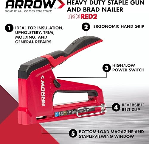 Miniatura 2 de Arrow T50RED2 - Pistola de grapas manual 2 en 1 y clavadora Brad para tapicería, marco, aislamiento, manualidades y muebles, color rojo