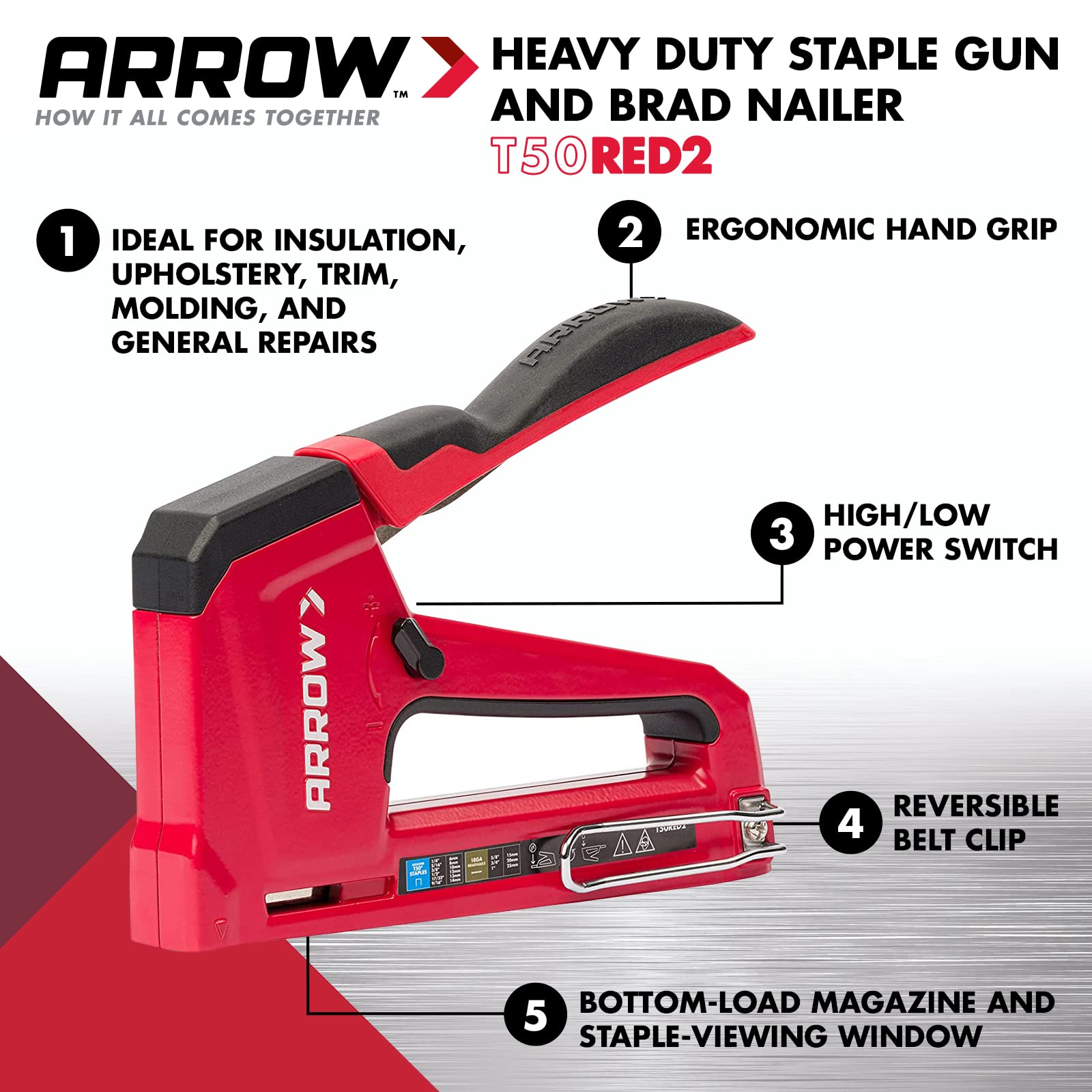 Arrow T50RED2 2-in-1 Heftpistole und Nagler für Polster, Rahmen, Isolierung, Handwerk und Möbel, Rot