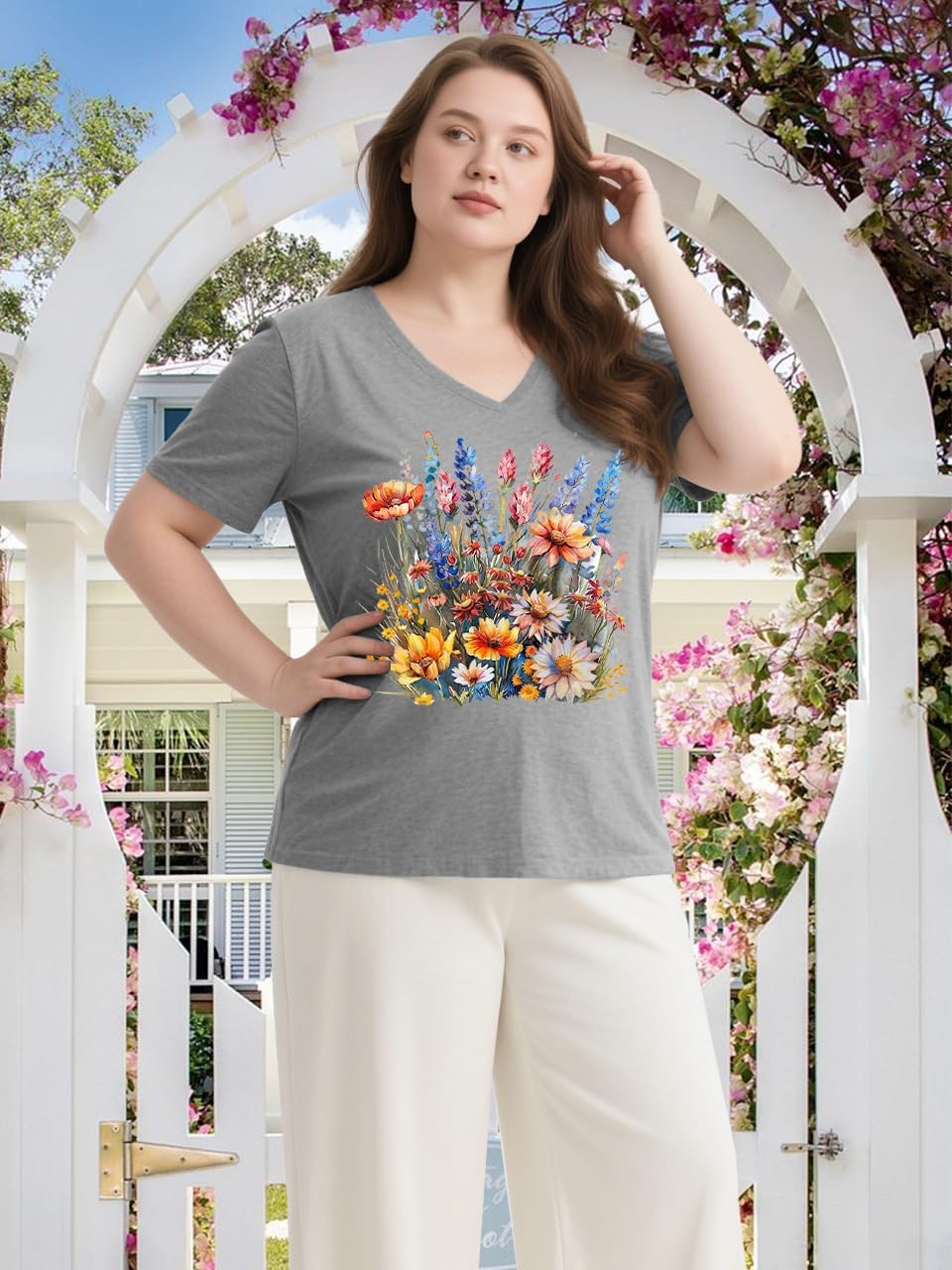 Plus Size Tops for Women Vintage Wildflower V Neck T Shirt Boho Cute Floral Graphic Tees Short Sleeve Summer Tops - Image 2