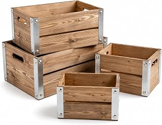 Oojami Lot de 4 caisses de rangement en bois avec poignées découpées, décoratives gigognes pour rangement, organisation et présentation, marron antique