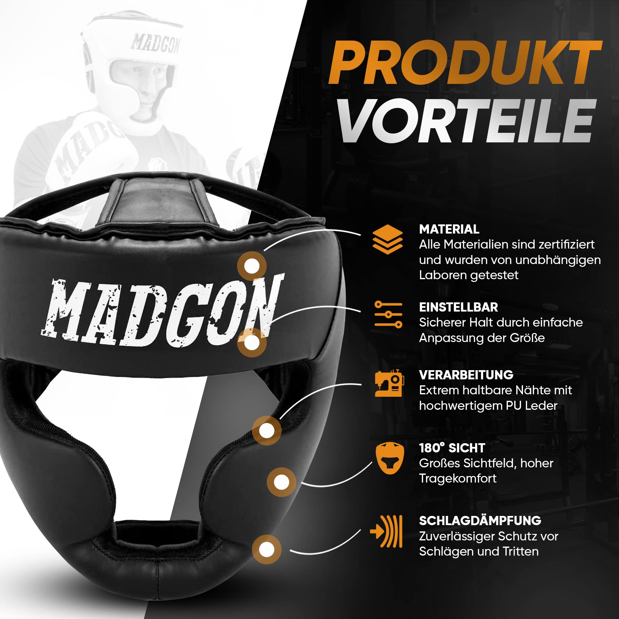 MADGON Premium Kopfschutz, Boxhelm mit Perfekter Sicht und maximalem Schutz, Gesichtsschutz für Kampfsport, MMA, Boxen, Kickboxen & Sparring