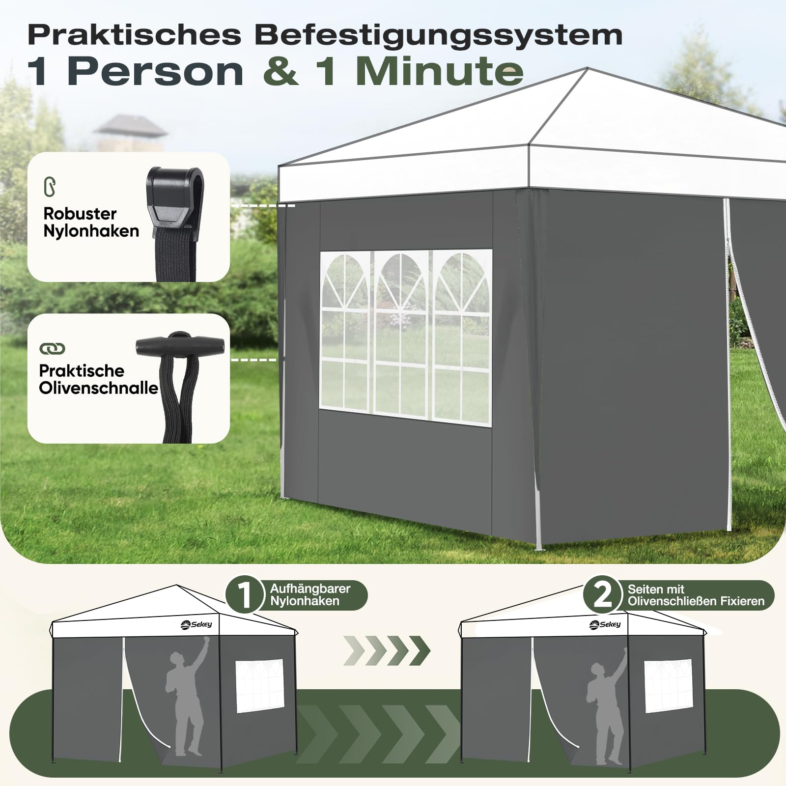 Sekey 2PCS Seitenwände für Pavillon 3x3 Wasserdicht Winterfest, Seitenwände für Pavillon Partyzelt Gartenzelt 3x3m, 1 Fenster 1 Tür, (Grau, 1 Fenster 1 Tür)