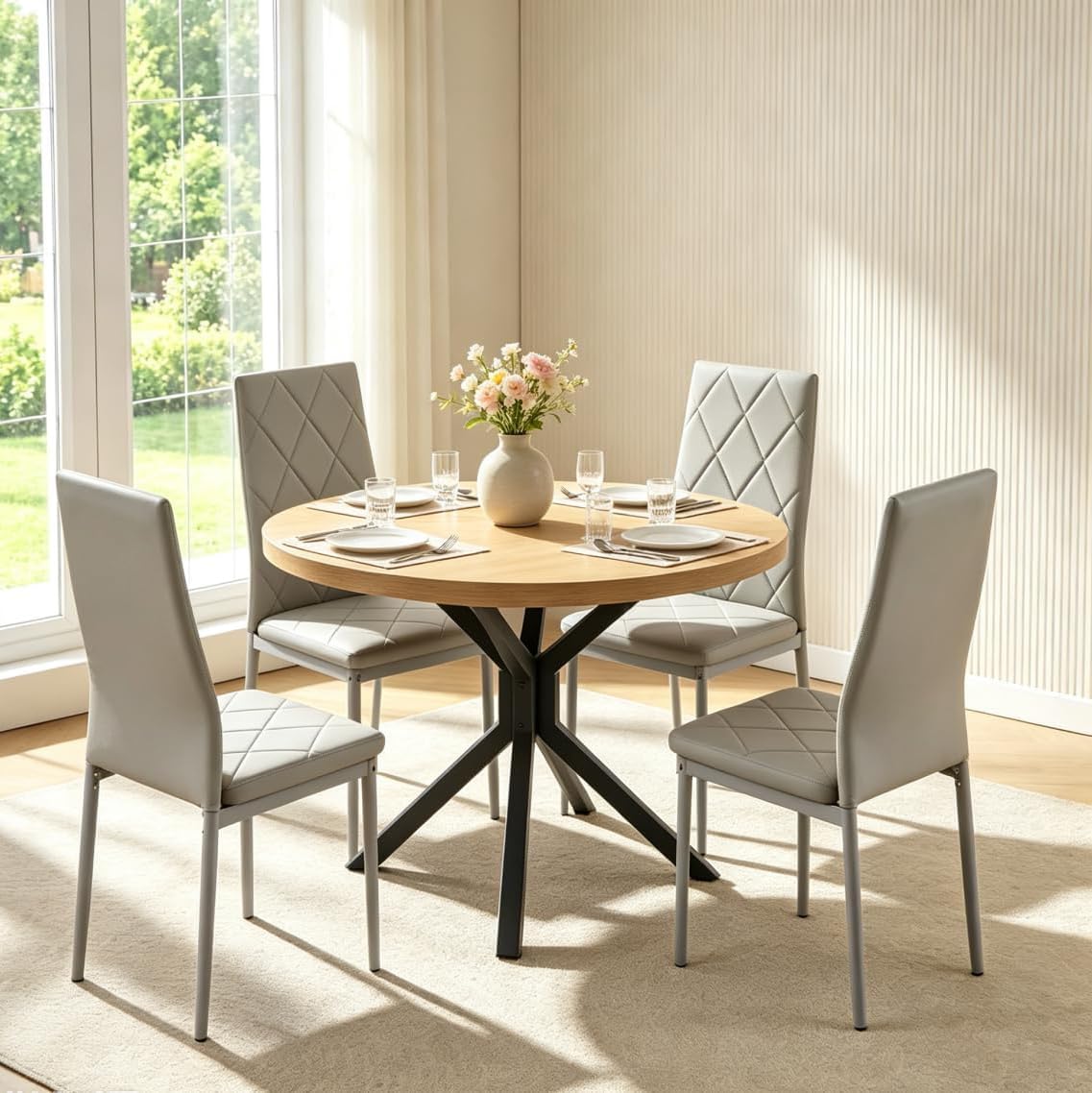 Homullel Round Dining Table and Chairs Set 4 Seater Kitchen Dining Set, 5 Pieces Table & Chairs Dinner Table Set for 4 (Oak Round Cross, 4 Seats, Gray Faux Leather Argyle Grid)