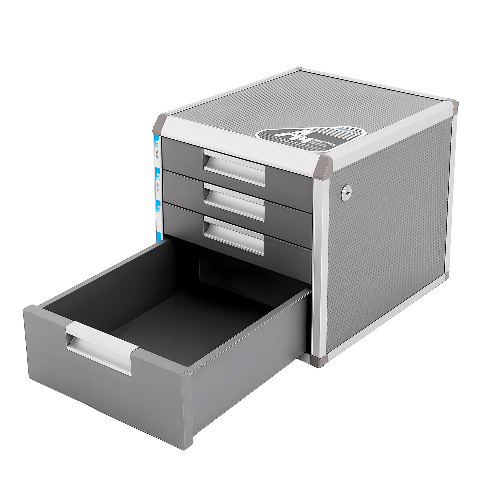 Metall-Schubladenbox abschließbar, 4 Schubladen Dokumentenablage Büro | Robuste Dokumentenbox aus Aluminiumlegierung mit 4 Schubladen, abschließbar und ideal für Büro, Schreibtisch und Akten.