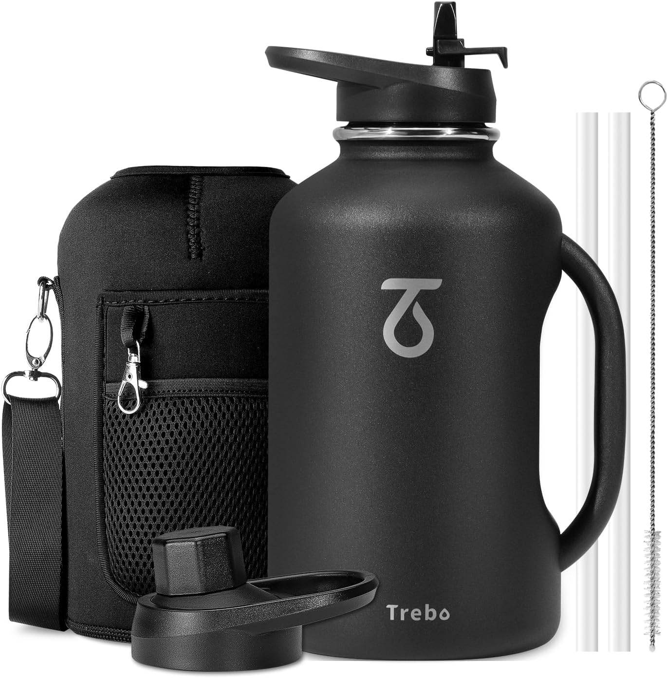 Trebo Half Gallon Water Bottle 64oz with Handle,Double Wall Vacuum Insulated Large Water Jug,Stainless Steel Water Bottle Flask,Wide Mouth Water Bottles with Straw Spout Lids Strap,Black