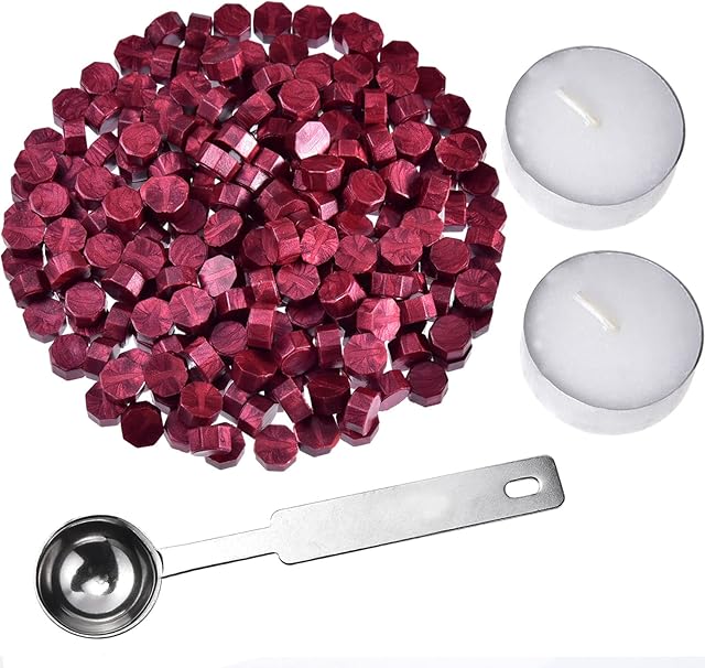 230 Pieces Octagon Sealing Wax Beads Sticks with 2 Pieces Tea Candles and 1 Piece Wax Melting Spoon for Wax Stamp Sealing (Wine Red)