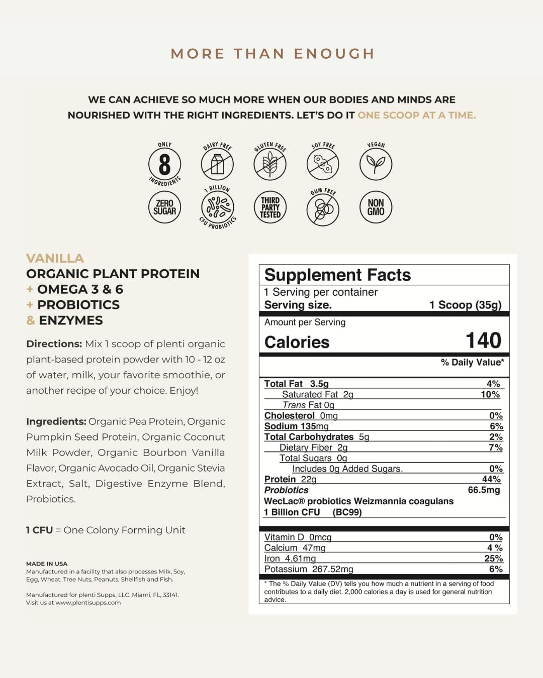 plenti Organic Plant-Based Protein Powder: Vanilla - 20g Pea Protein + Probiotics, Digestive Enzymes & Omega 3-6, Gut Friendly, Sugar Free, 27 Servings (2 lbs)