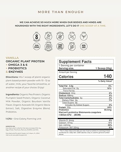 Miniatura 3 de plenti Proteína orgánica a base de plantas en polvo vainilla - 0.71 oz de proteína de guisante + probióticos, enzimas digestivas y Omega 3-6, apto