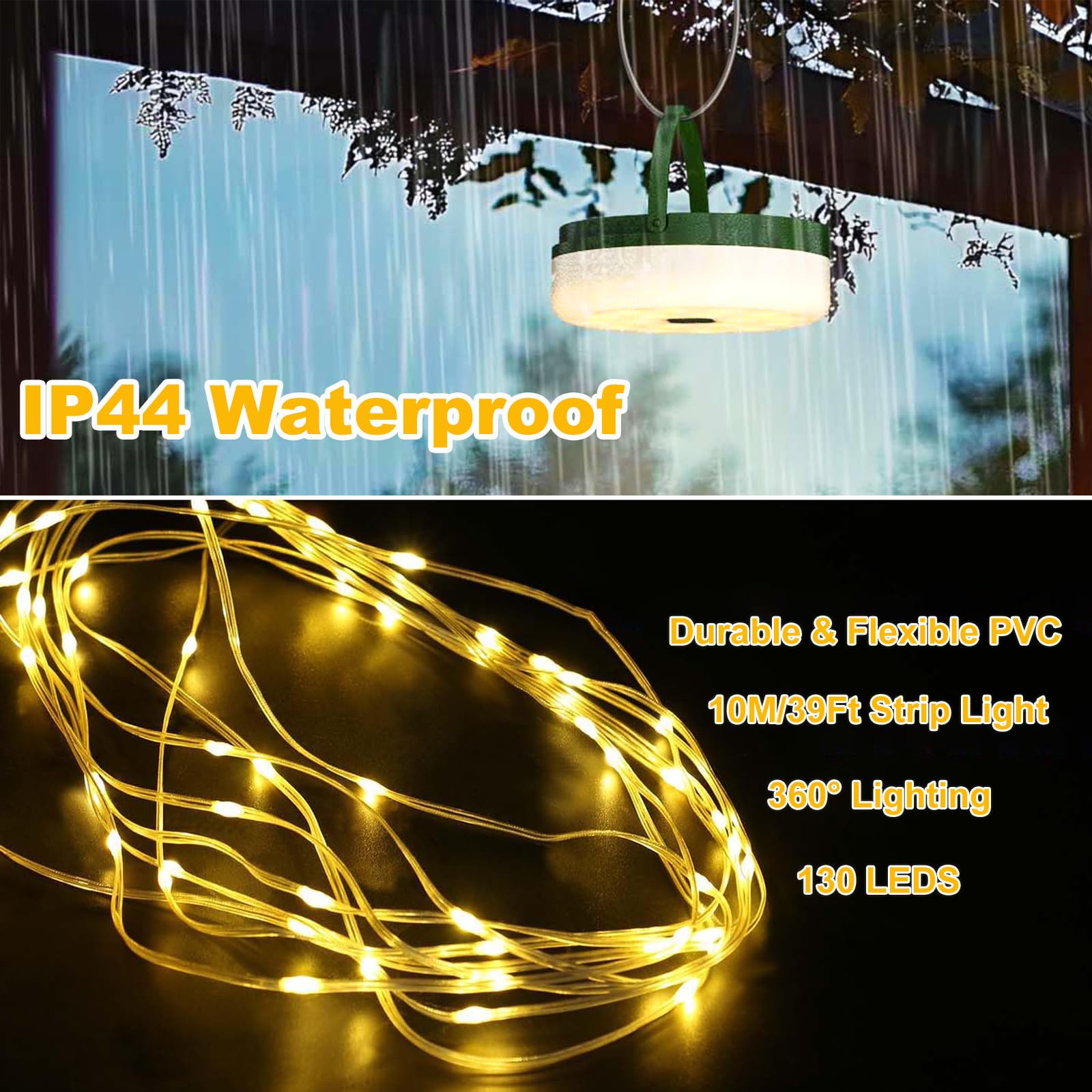 12m Solar Camping Lichtsnoer, Indmird 3600mAh 3-in-1 intrekbare camping string light afstandsbediening en USB oplaadbare draagbare waterdichte Campinglight voor wandelen tuin