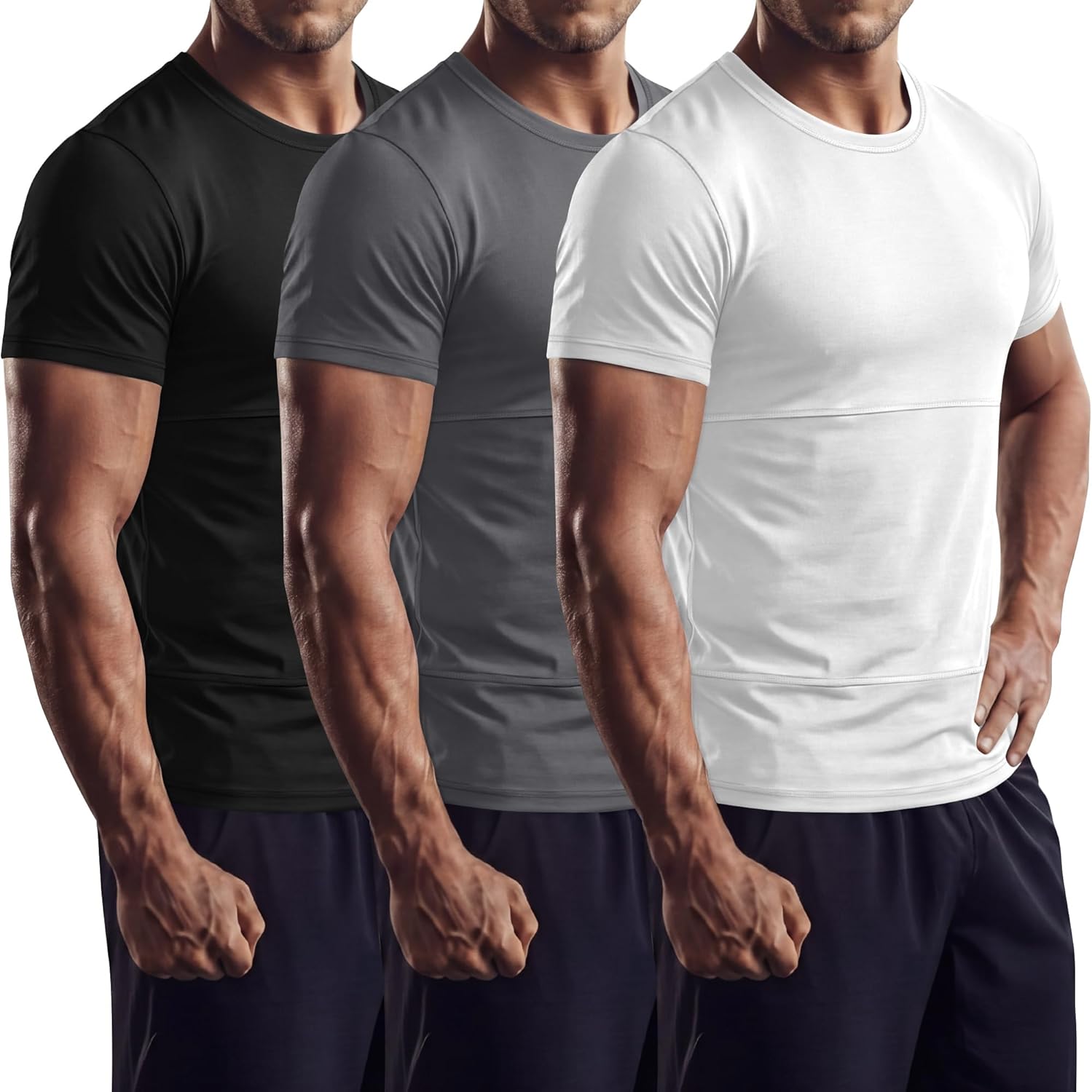 August Alley 3 Pack Men's Compression Shirts Short Sleeve Athletic Slim Fit Base Layer Undershirt Running Gym Tight T-Shirts