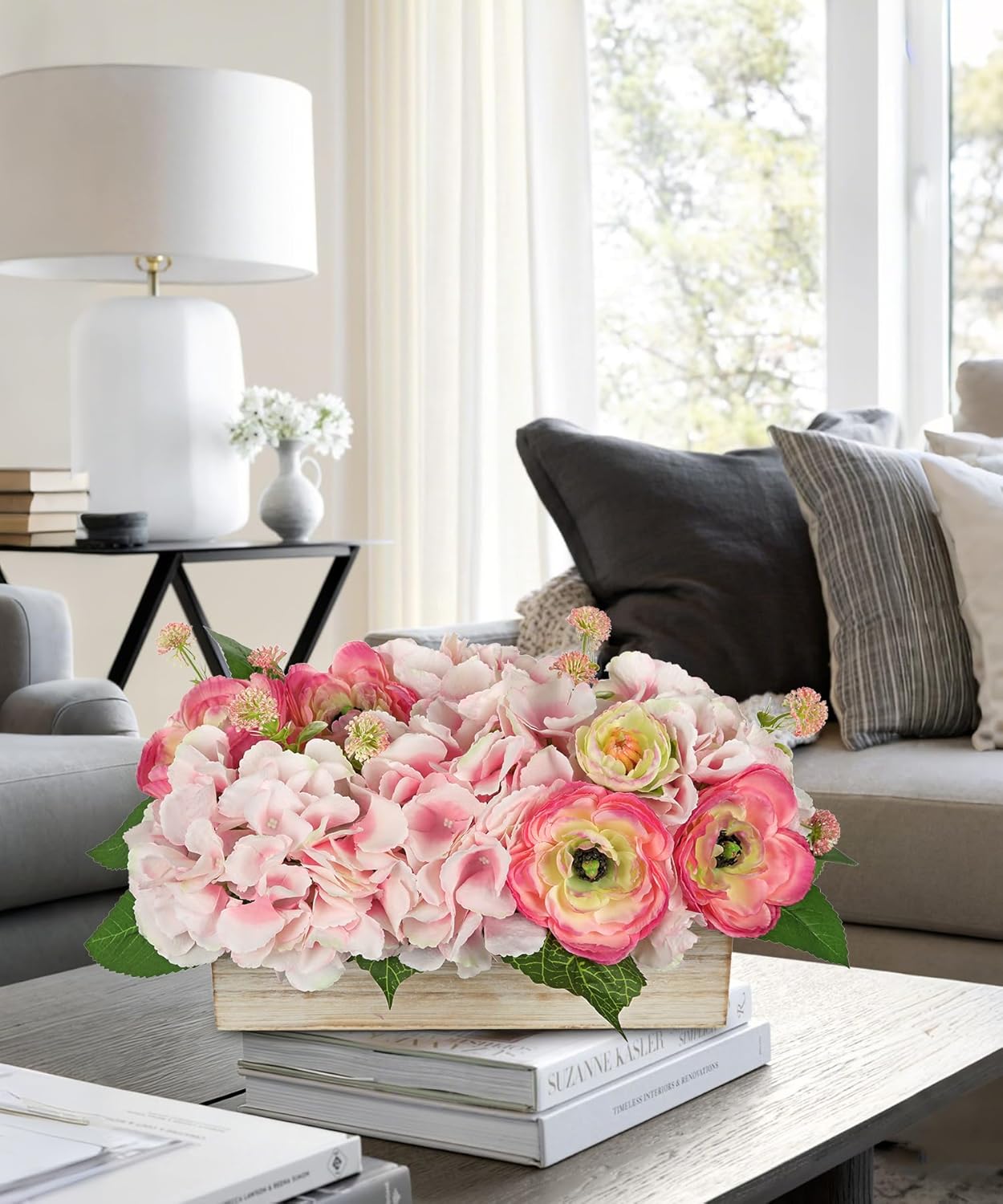 Pink Hydrangea Artificial Flowers in Wooden Pot Faux Silk Hydrangea Flowers Potted Fake Flower Floral Arrangement Centerpiece for Dining Table Home Shelf Wedding Farmhouse Kitchen Indoor Decor