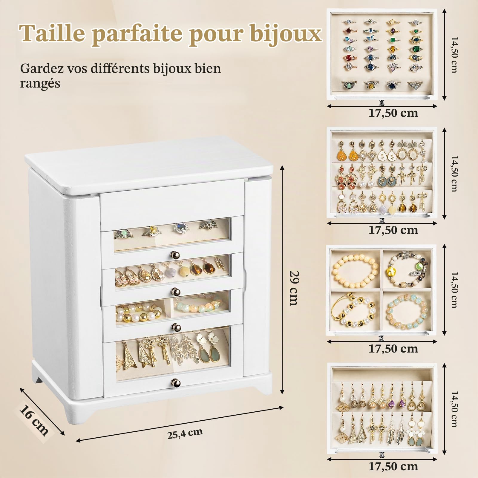 Grande coffret et organiseur de bijoux pour femme, rangement à bijoux en bois avec 4 tiroirs transparents, convient pour ranger colliers, bagues, bracelets, boucles d'oreilles（Blanc）