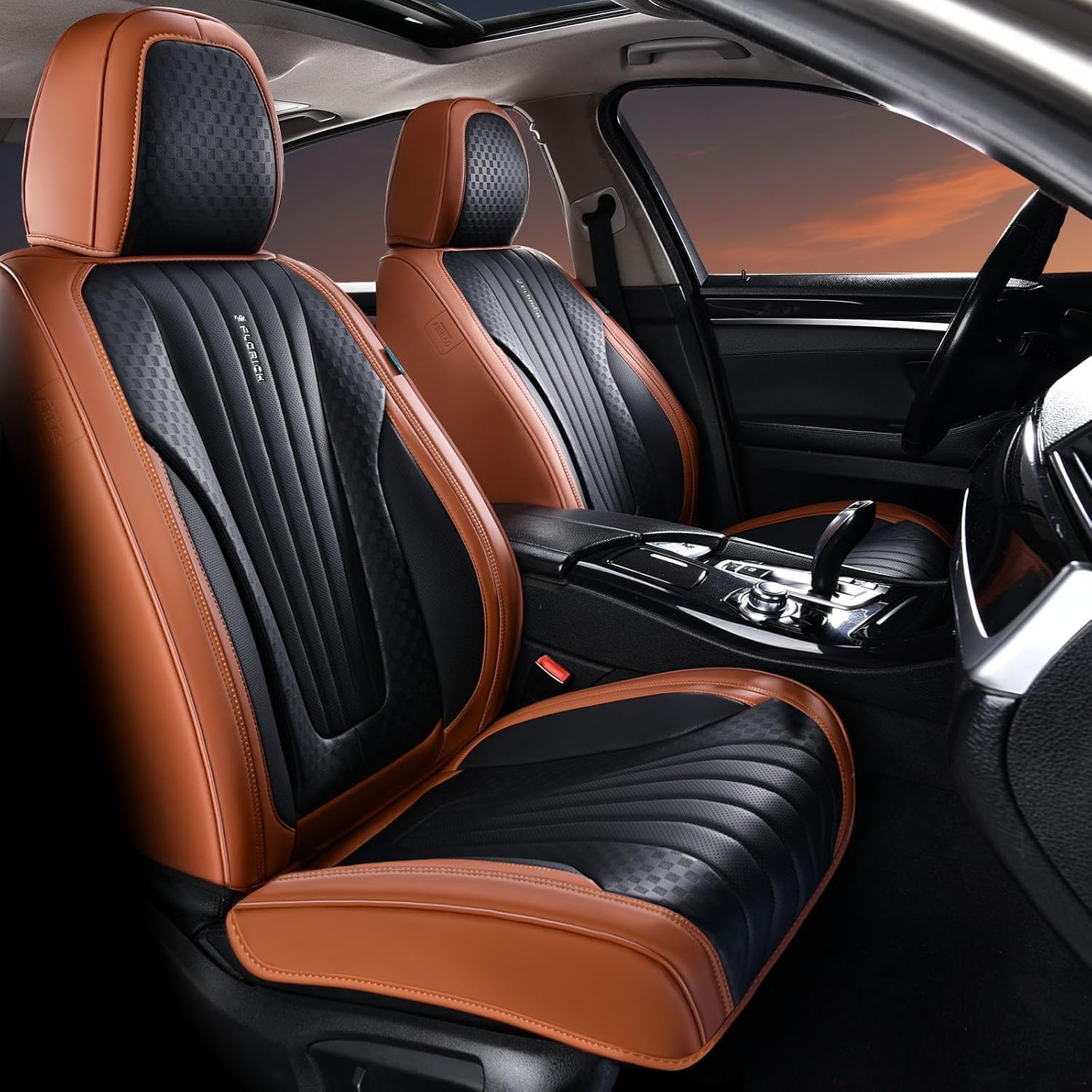 FLORICH Car Seat Covers, Premium Leatherette Car Seat Covers Full Set, Waterproof Leather Car Seat Cushion Front Seats and Back, Breathable Seat Protectors for Sedans Cars SUV Trucks - Black&Brown