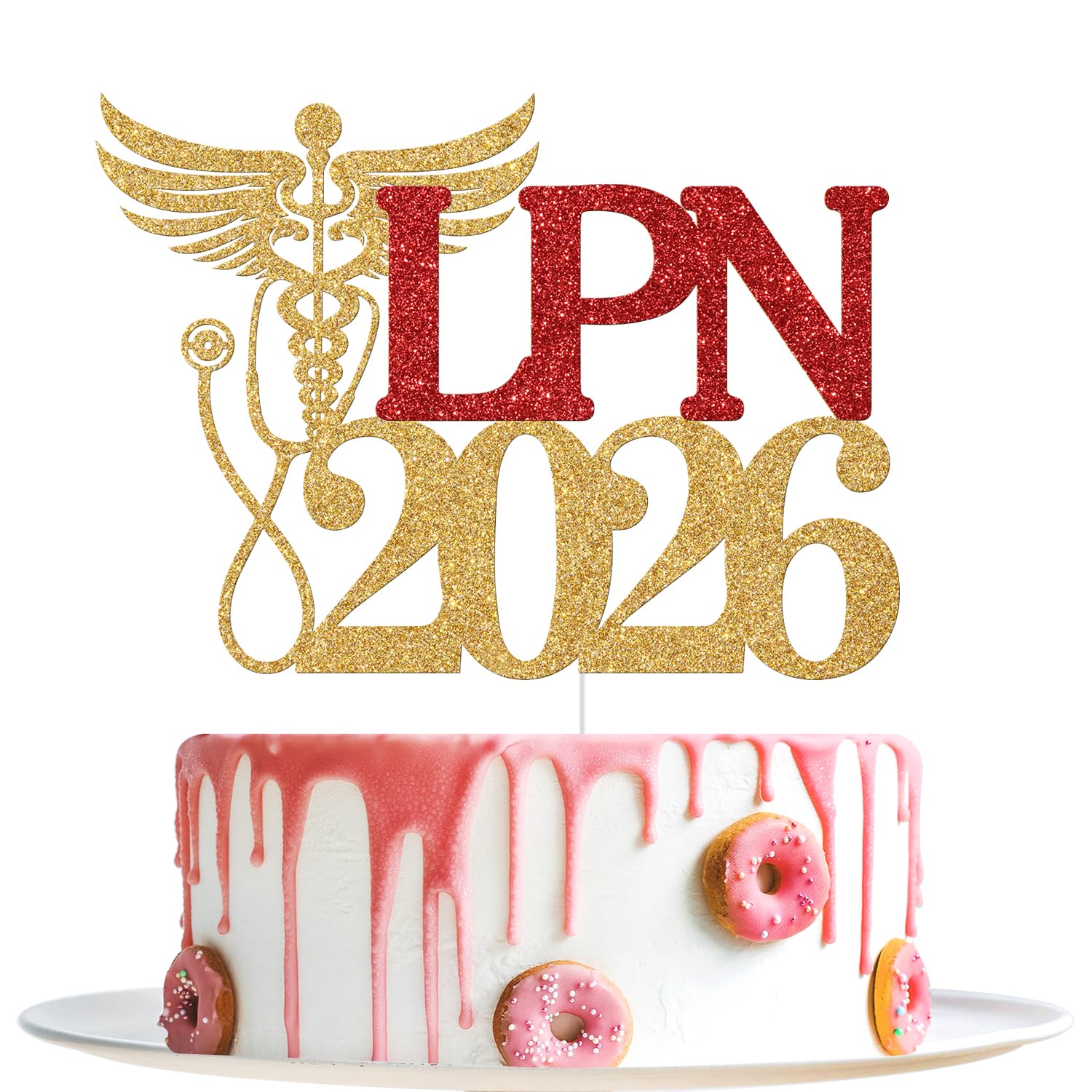 LPN 2026 케이크 토퍼, LPN 졸업 장식, 간호 학교 생존자, 간호사 축하, 2026 의료 간호 학교 졸업 파티 장식 (골드 및 레드 글리터)