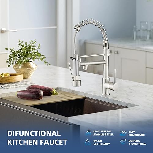 Miniatura 99 de OwOFAN - Grifos de cocina con rociador de latón sólido con níquel de cepillado industrial, de una sola manija, grifo para granja, campamento, Níquel