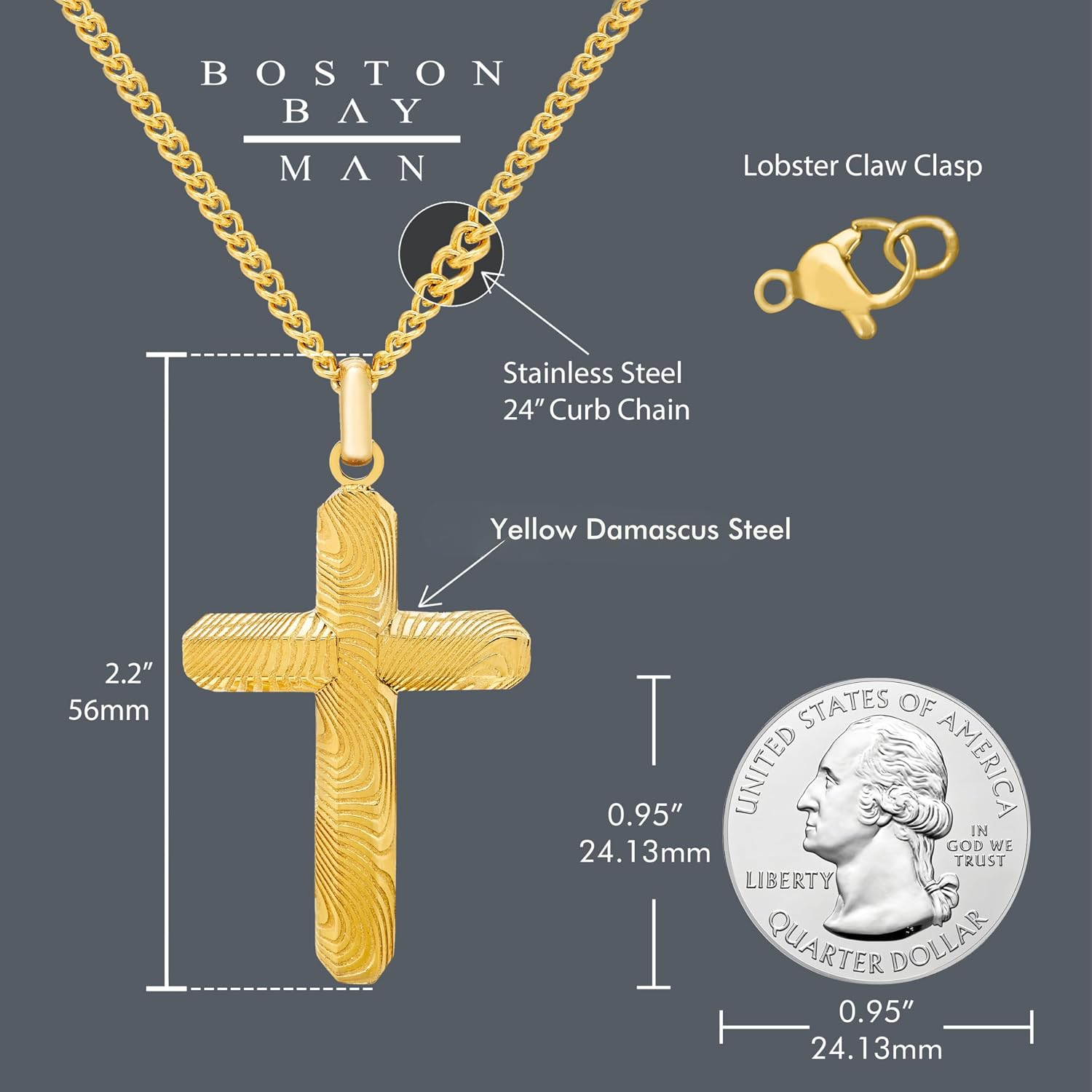 Boston Bay Diamonds Men's Cross Pendant Necklace in Damascus 316L Stainless Steel on 24" Curb Chain, Elegant Choice of Colors for Fashion with Faith - Stylish and Durable Men's Jewelry
